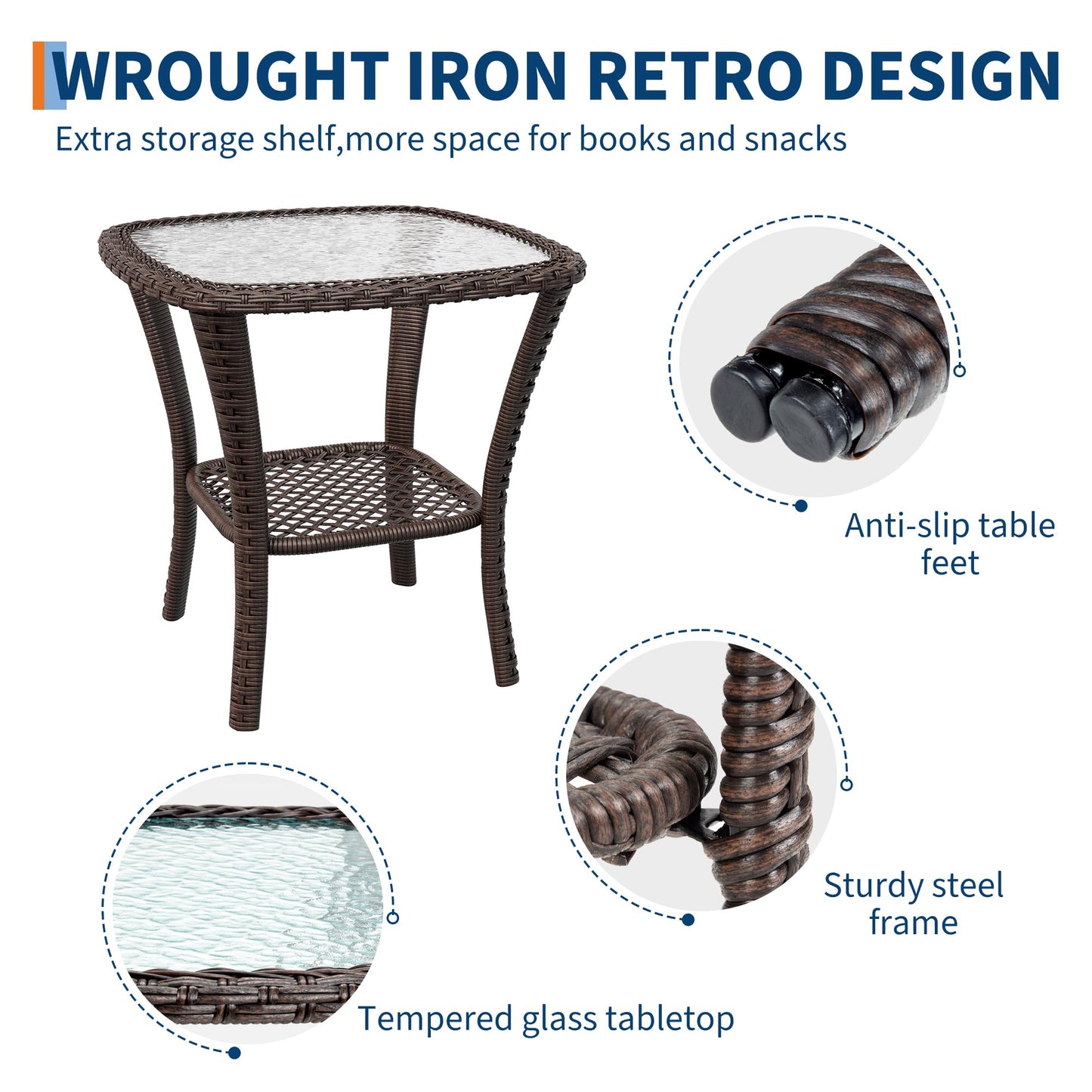 Garvee 3 Piece Outdoor Patio Furniture Set, Swivel Rocker Chairs Wicker Bistro Set with 360° Glider, 4”Thick Cushions & 2-Tier Table, Outdoor Conversation Set for Porch Balcony Backyard Deck Blue