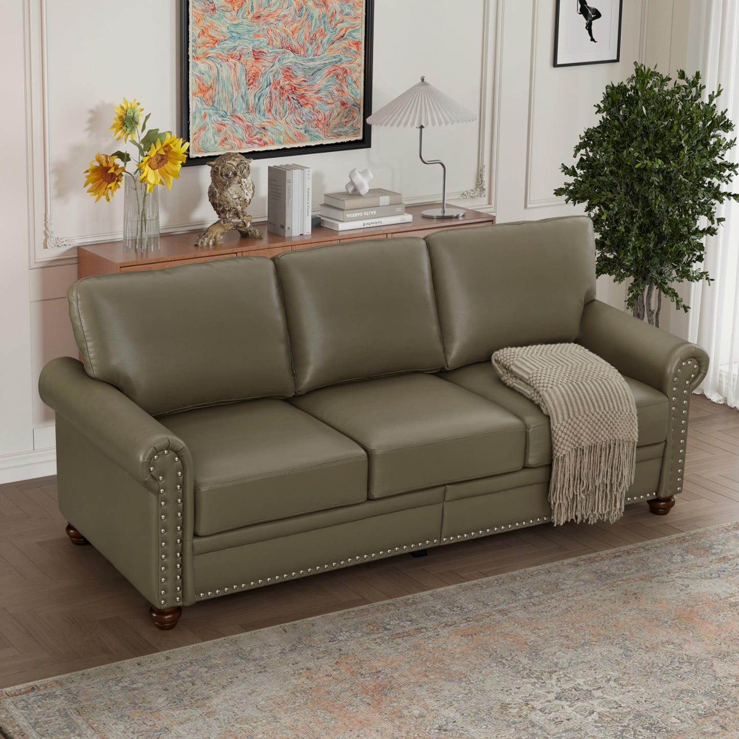 KEIKI 82.68" Chesterfield Sofa, Retro Style Upholstered Faux Leather PU Couch with Storage Space, Rolled Arm, Nailhead for Living Room Bedroom Office Apartment, Gray