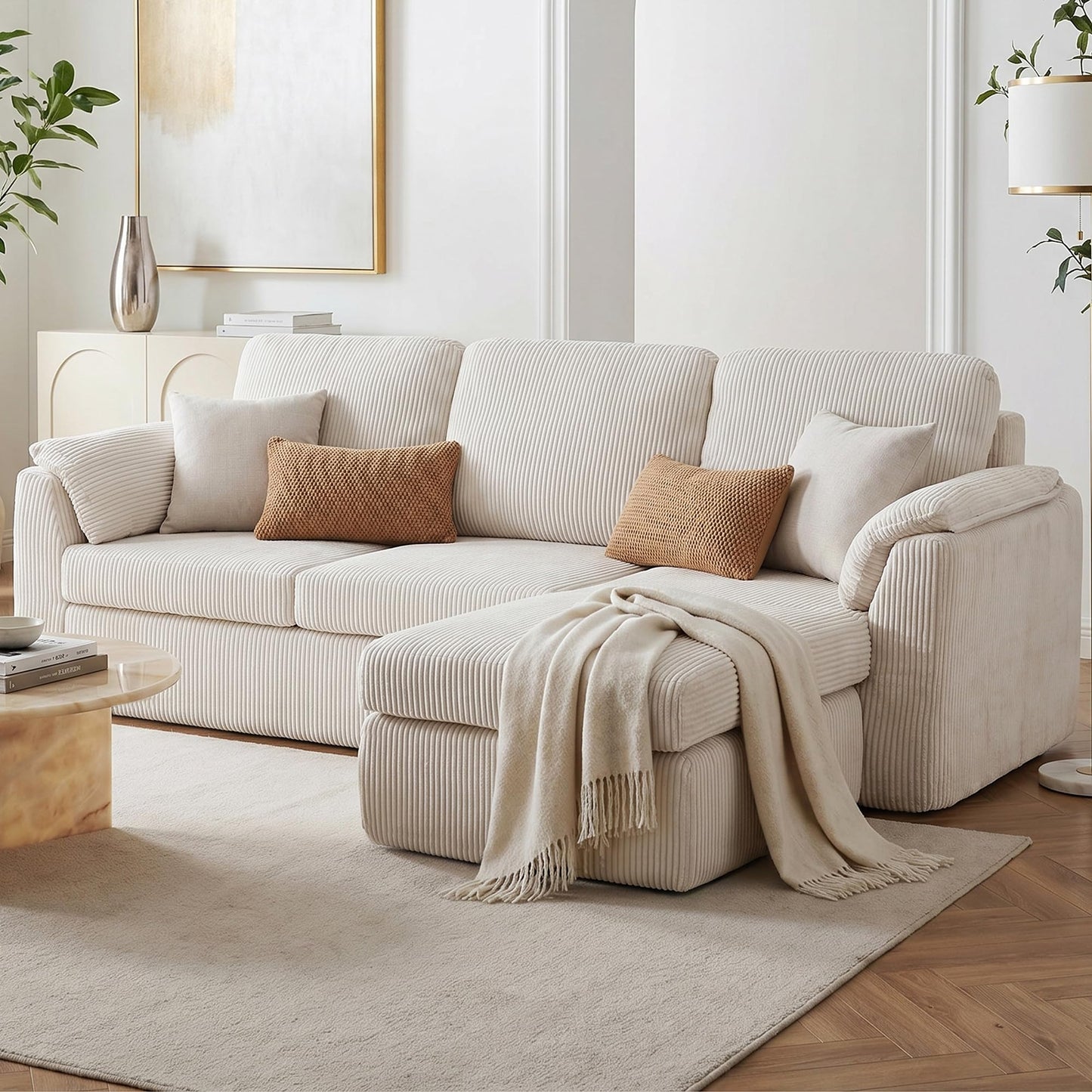 Vongrasig Boneless Convertible Sectional Sofa Couch, 3 Seat L Shaped Sofa with Removable Pillows Plush Corduroy Fabric Small Couches for Living Room, Apartment and Office, White