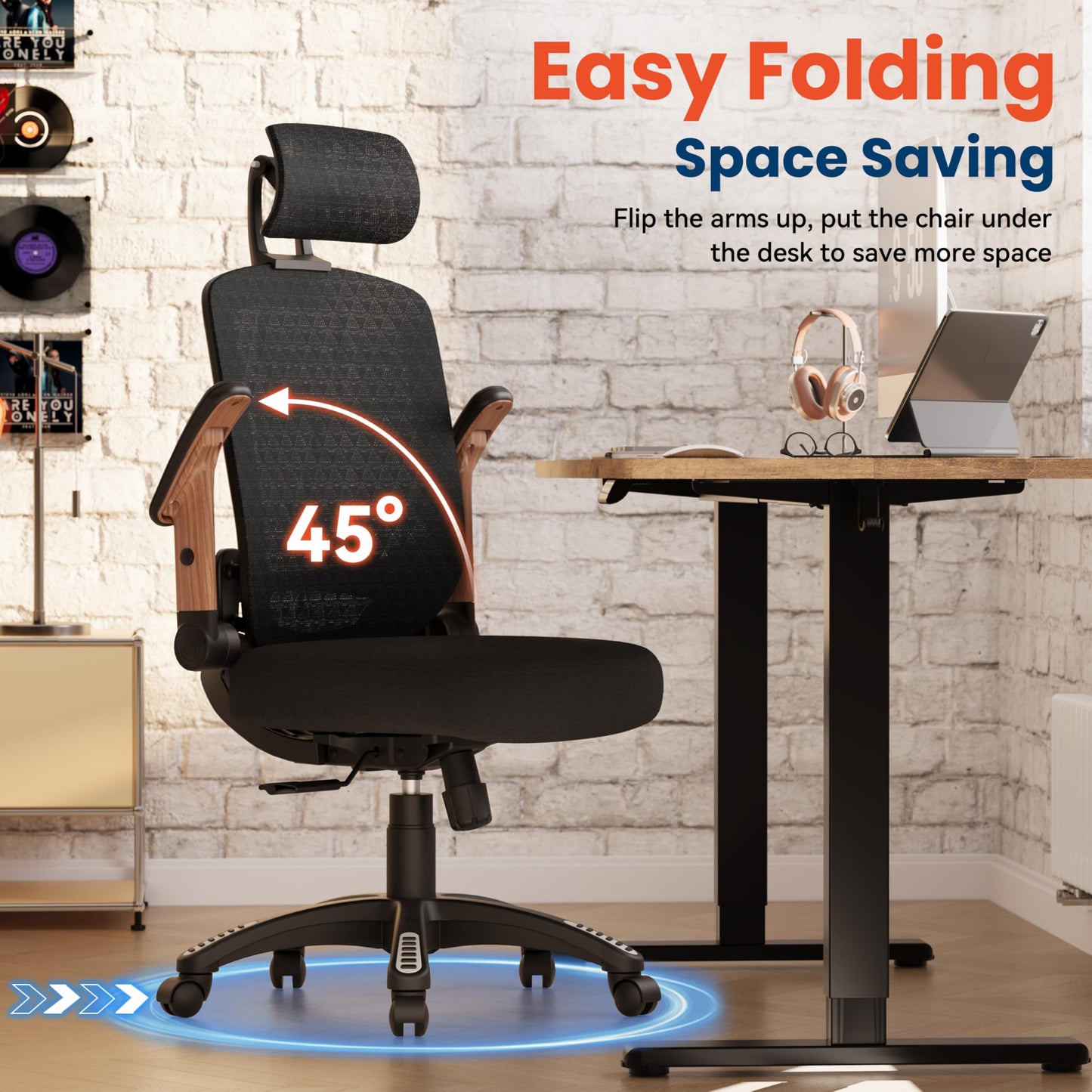 GABRYLLY Ergonomic Office Chair, High Back Home Desk Chair with Flip-Up Arms, 3D Headrest, Thick Sponge Seat &90-120° Recline, Big and Tall Mesh Executive Chairs for Man Woman, Black Woodgrain