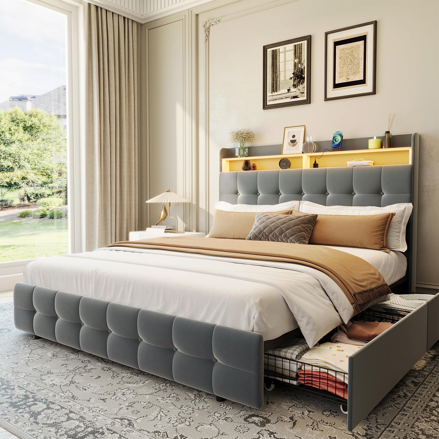 Queen Size Upholstered Bed Frame with LED Headboard, 2 Storage Drawers, Charging Socket and USB Port, Soft Fuzzy Soft, Noise-Free Metal Platform for Bedroom, No Box Spring Needed, Natural Wood Shelf