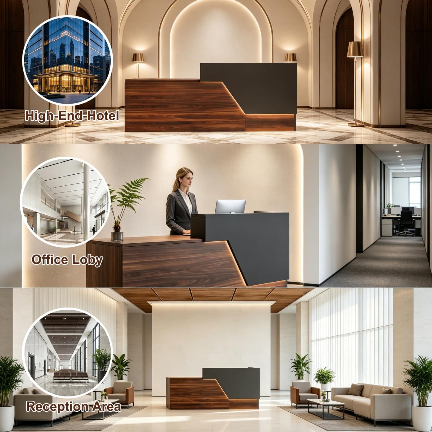 L-Shaped Reception Desk with Counter & Wireless Charging, 1-Inch Thick Board, Lockable Drawers & Keyboard Tray, Heavy-Duty Front Desk for Office, Salon, Hotel & Clinic, Black & Walnut, 71 Inch