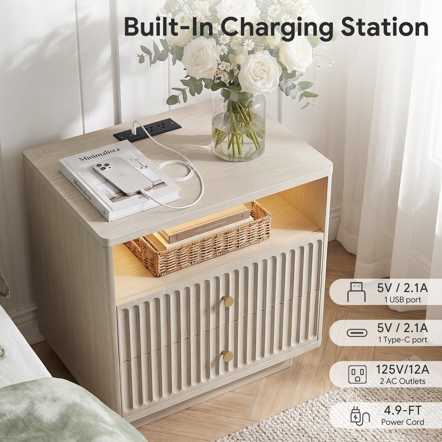 PAPROOS 23'' Fluted Nightstand Set of 2 with Charging Station, Modern Bedside Table with Motion Sensor LED Light, 2-Drawer Storage Cabinet for Bedroom & Home Office (2 pc Beige Gray)