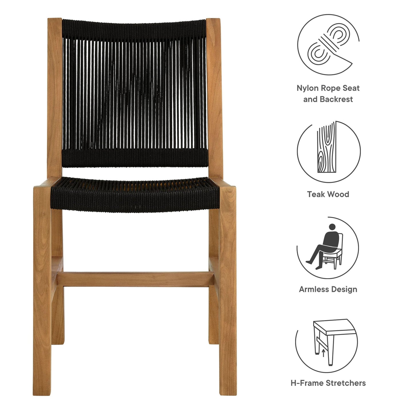 Modway Vienna Outdoor Patio Teak and Rope Armless Dining Chair Set of 2 in Natural Black – Woven Rope Side Chairs – Teak Outdoor Dining Chairs – Weather-Resistant Deck Chairs