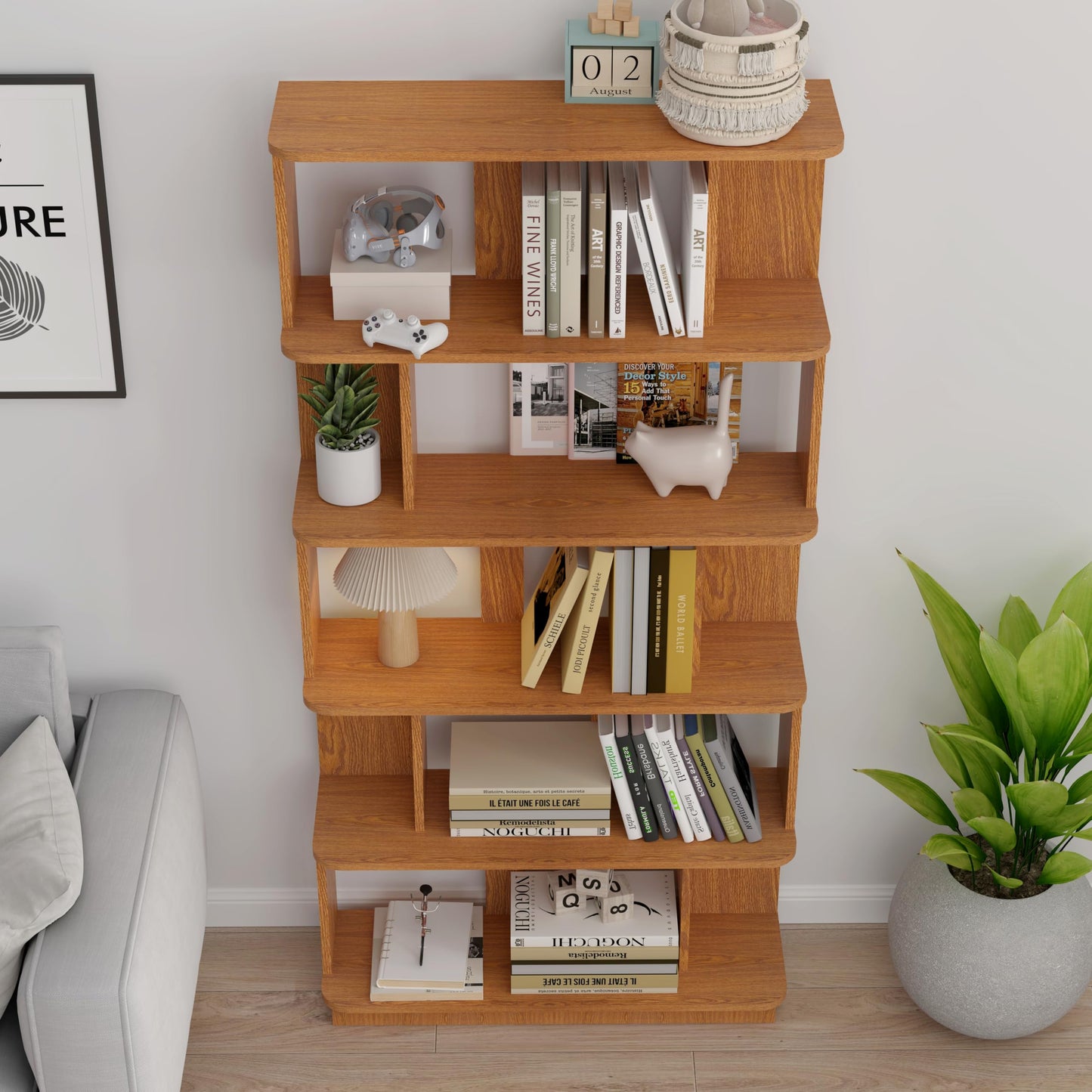 GDFStudio 65" H 6-Tier Bookshelf, Modern Freestanding Bookcase Shelves Organizer, Wood Book Shelf with Anti-Drop Panels, Open Back Display Storage Shelf Unit for Living Room Bedroom Office, Dark Oak