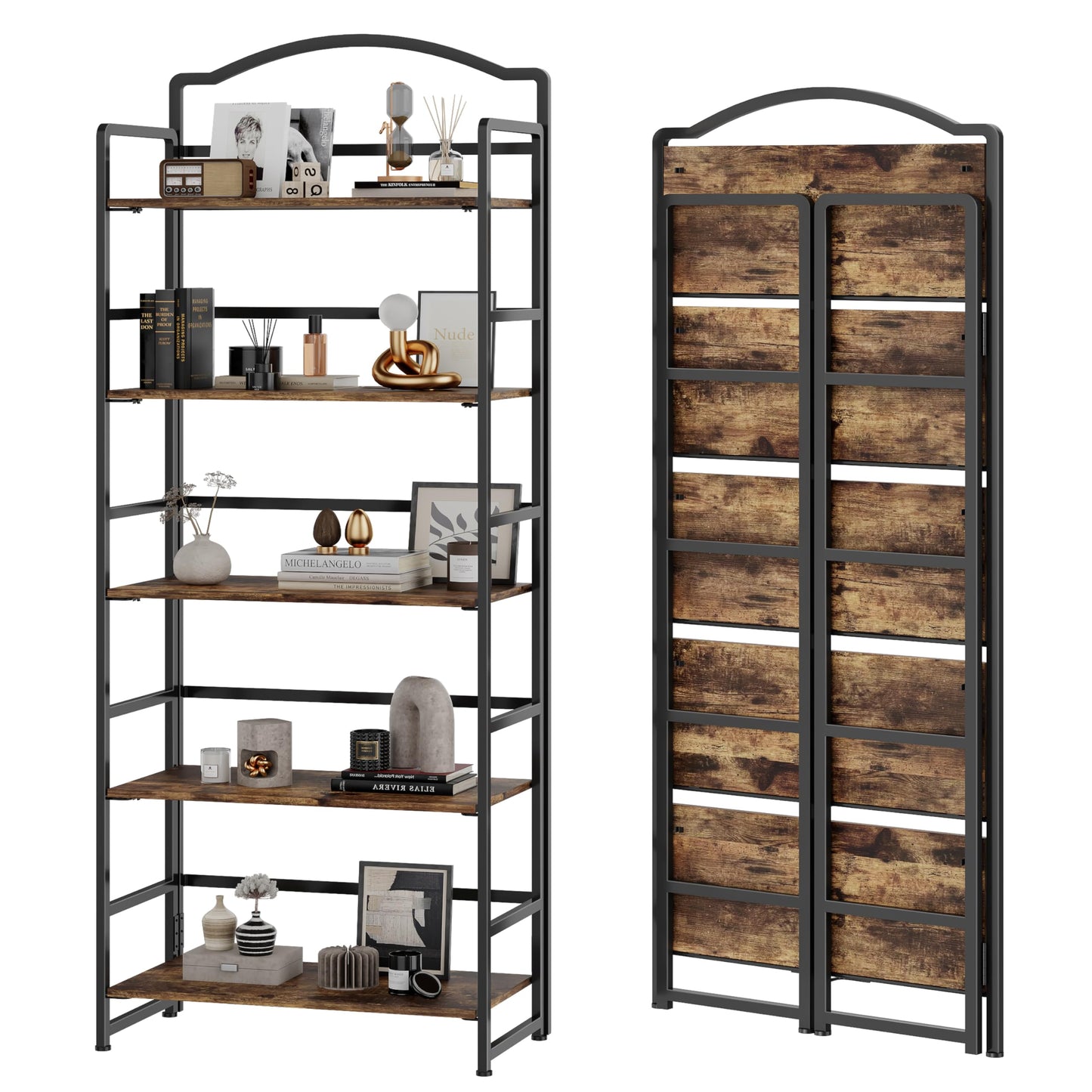 JSB 5 Tier No Assembly Folding Bookshelf, Arched Bookshelf, Foldable Bookcase for Living Room, Bedroom, Office,Skinny Bookshelf (Fire Brown)