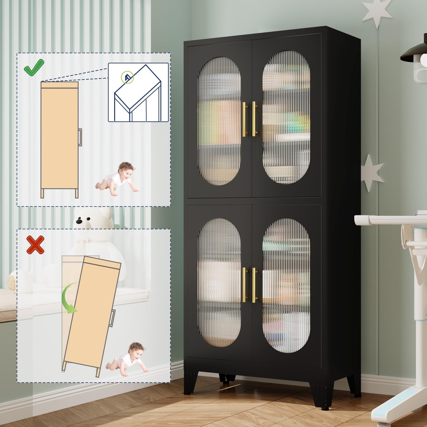 GAIOUS 63" Tall Steel Corner Cabinet, Metal Storage Cabinets with 4 Doors and 3 Shelves, Pantry Cabinets with 6 Door Panel Shelves, Farmhouse Cupboard for Kitchen Dining Room Hallways, Black