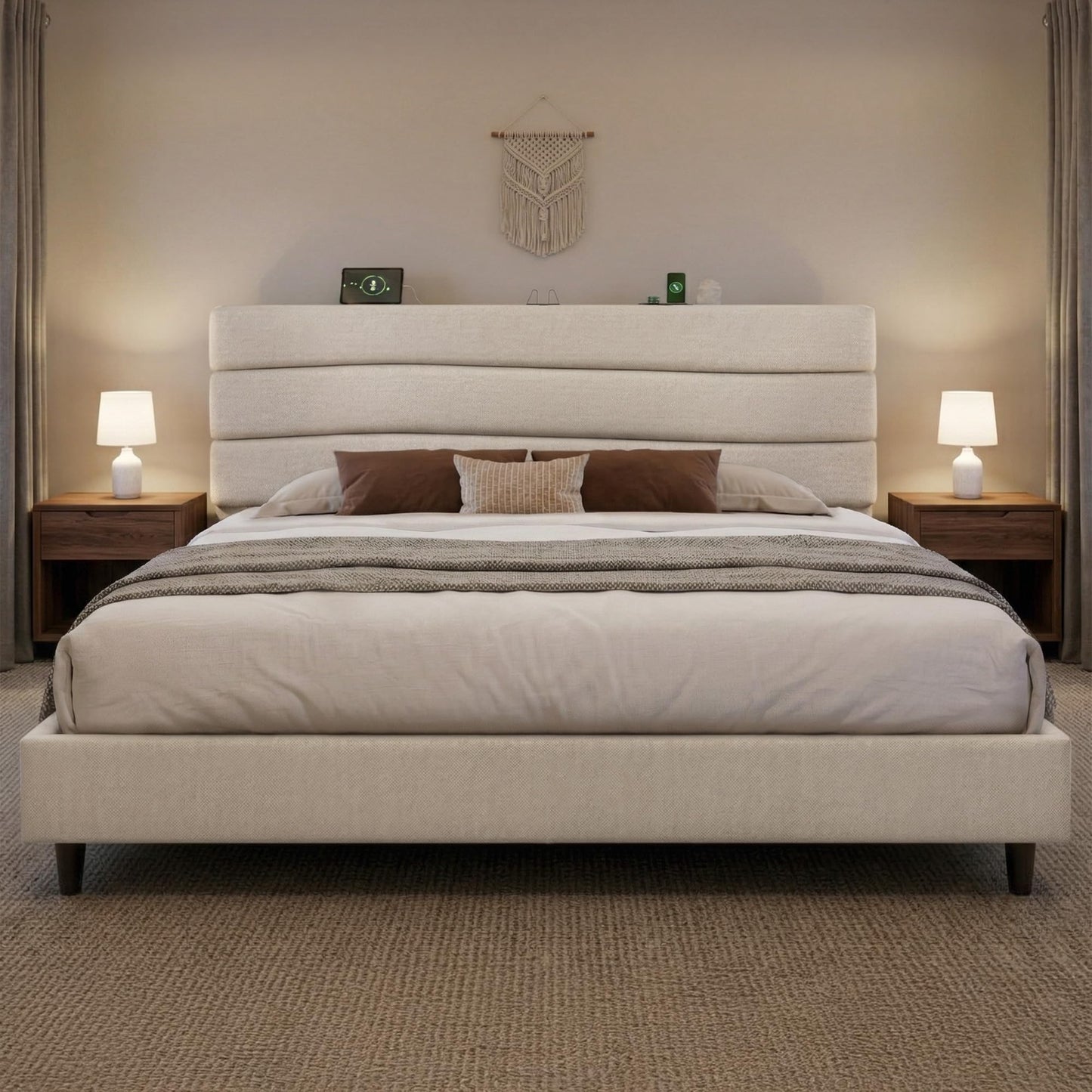 EnHomee King Size Platform Bed Frame with Headboard, Adjustable Height, Wooden Slats,Charging Stations,Noise-Free, No Box Spring Needed,Easy Assembly,Beige