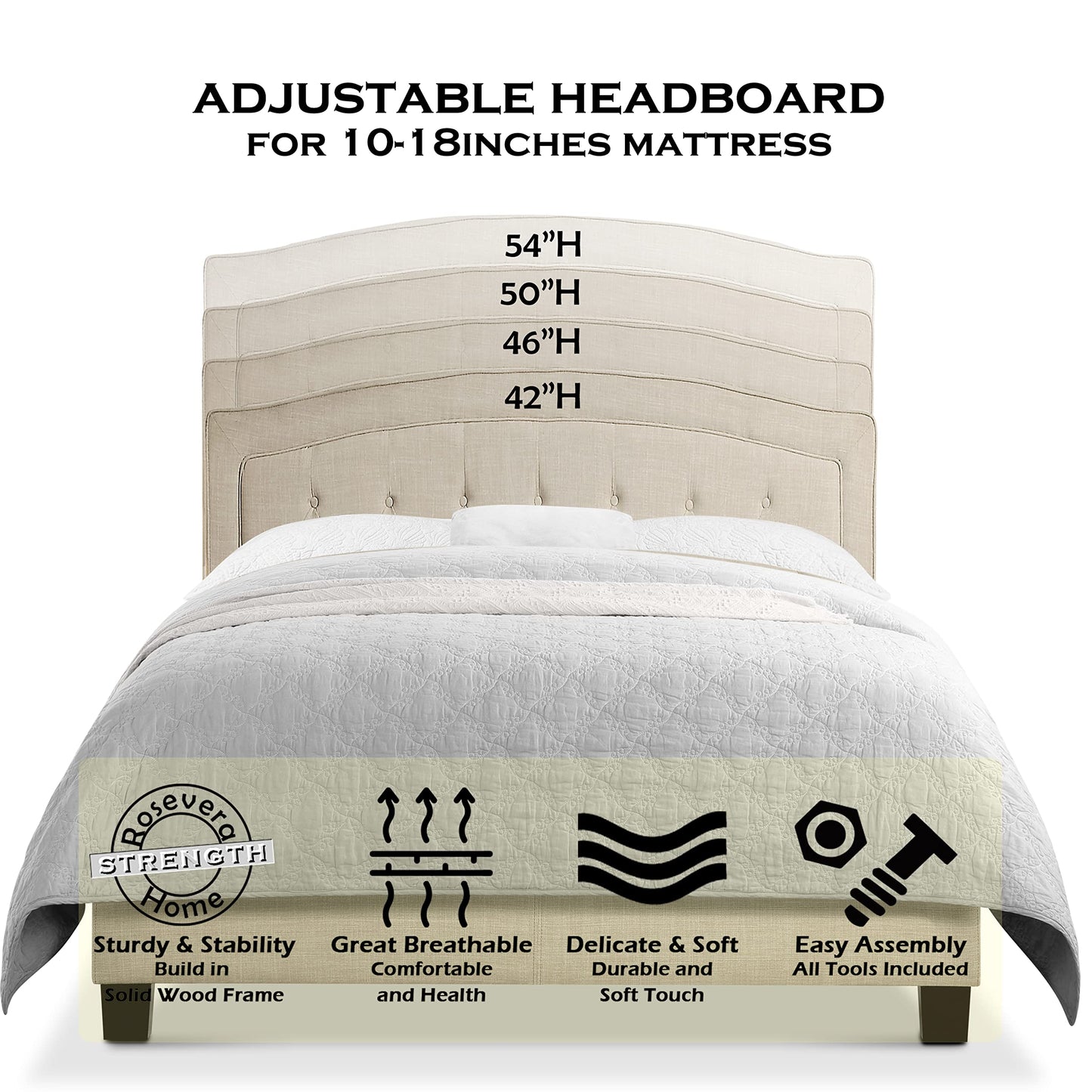 Rosevera Carlisle Panel Bed Frame with Adjustable Button-Tufted Headboard for Bedroom/Linen Upholstered/Wood Slat Support/Easy Assembly,King,Classic Beige