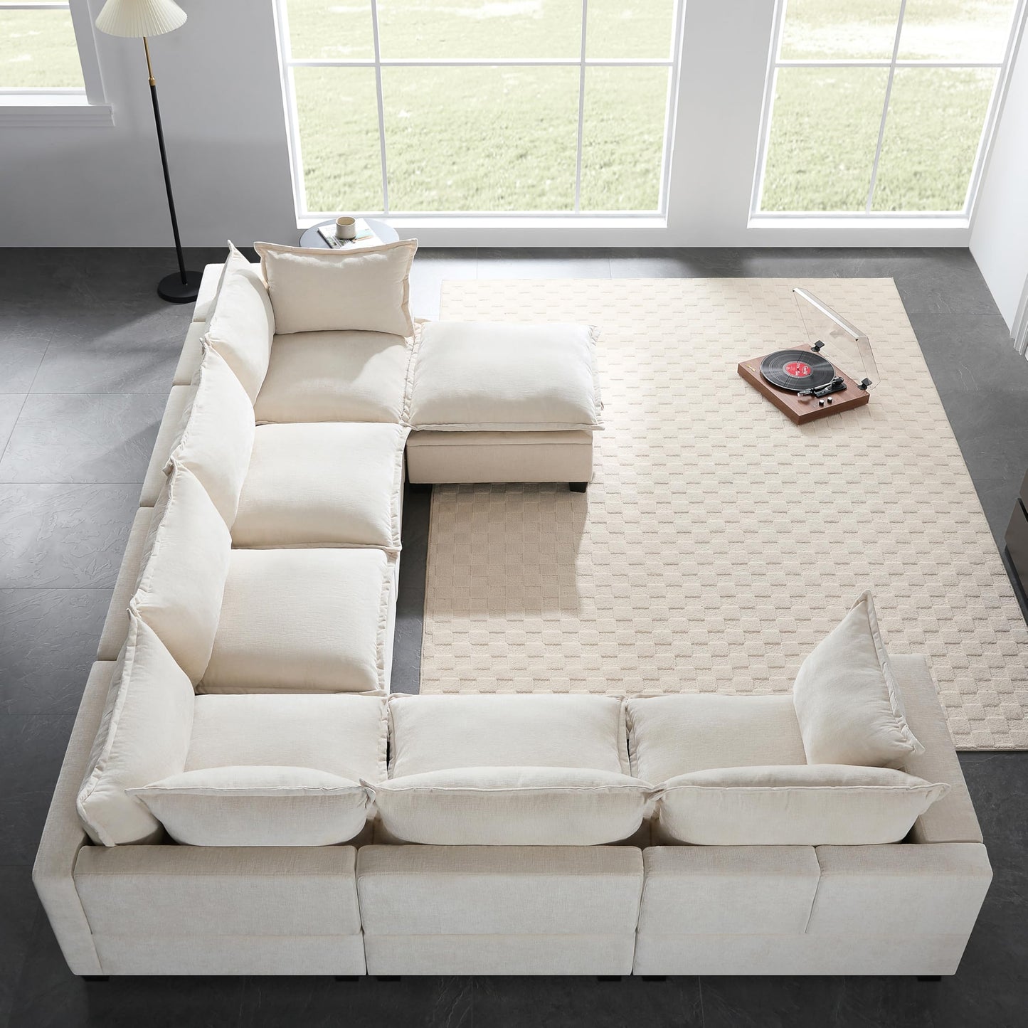 Merax Modern U-Shaped Modular Couch Set with Storage Ottoman, Chenille 7-Seat Sectional Sofa Sleeper Bed with Wide Seat for Living Room, Free Combination,Off White