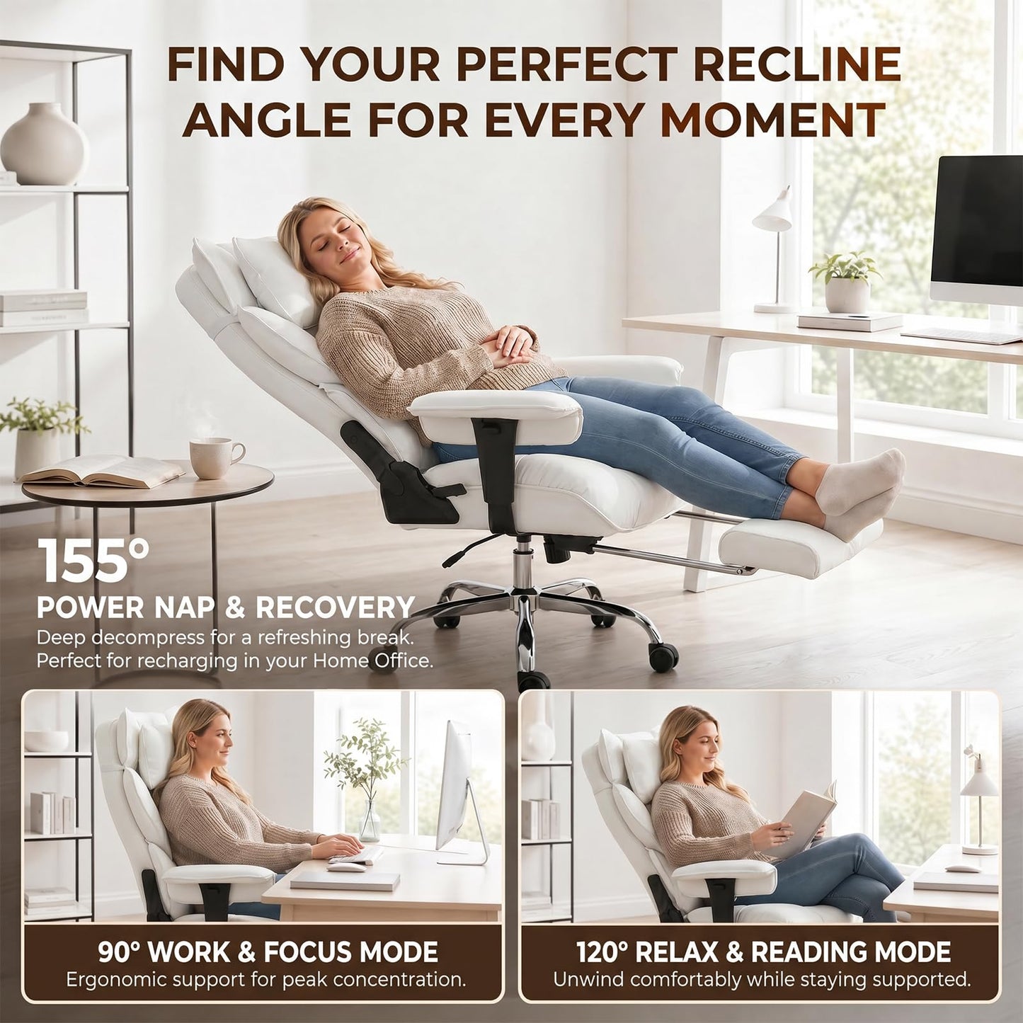 mokodo Big and Tall Office Chair 400lbs, Breathable Fabric Executive Desk Chair with Pocket Spring Cushion, 155° Reclining Computer Chair with Integrated Headrest & Lumbar Pillow (White)