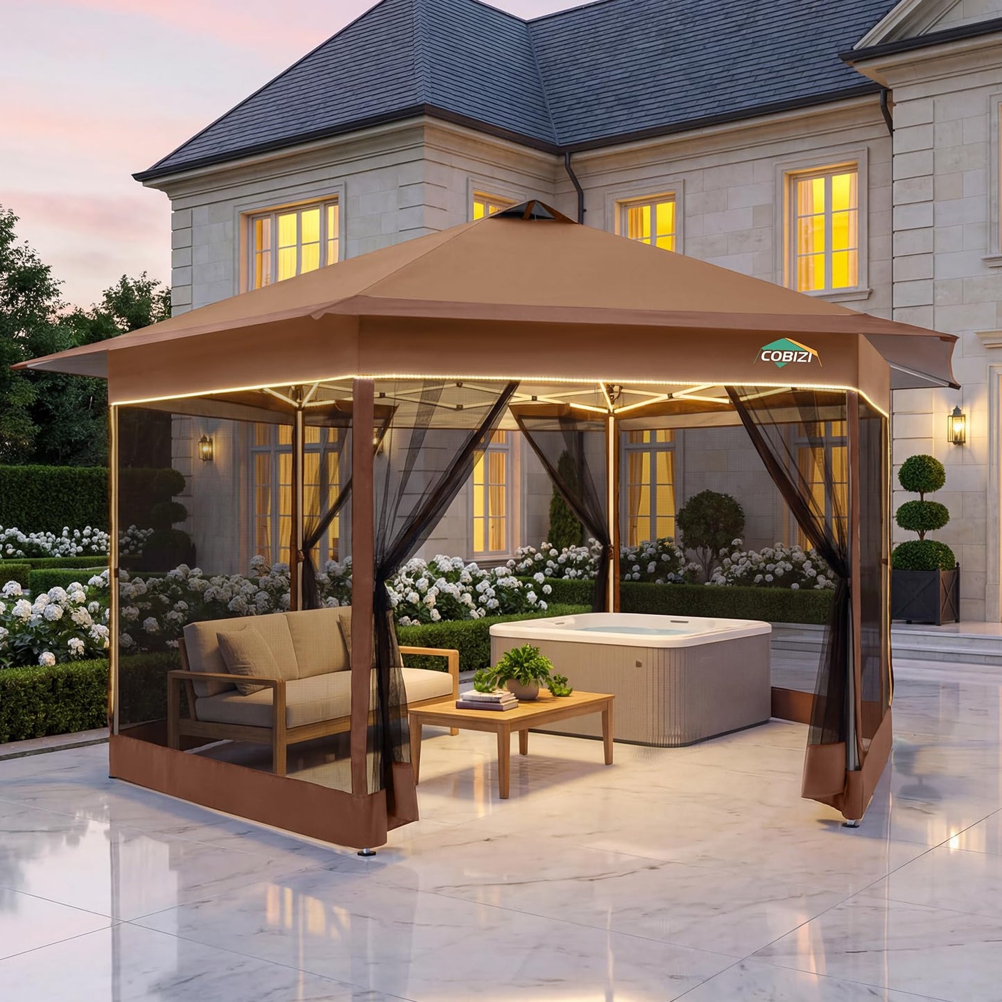 COBIZI 16x16 Pop up Gazebo on Clearance, Hexagonal Outdoor Canopy Tent with Mosquito Netting, Adjustable Height and 256 Square ft of Shade for Party, Backyard, Gardens with Vented Top（Brown）
