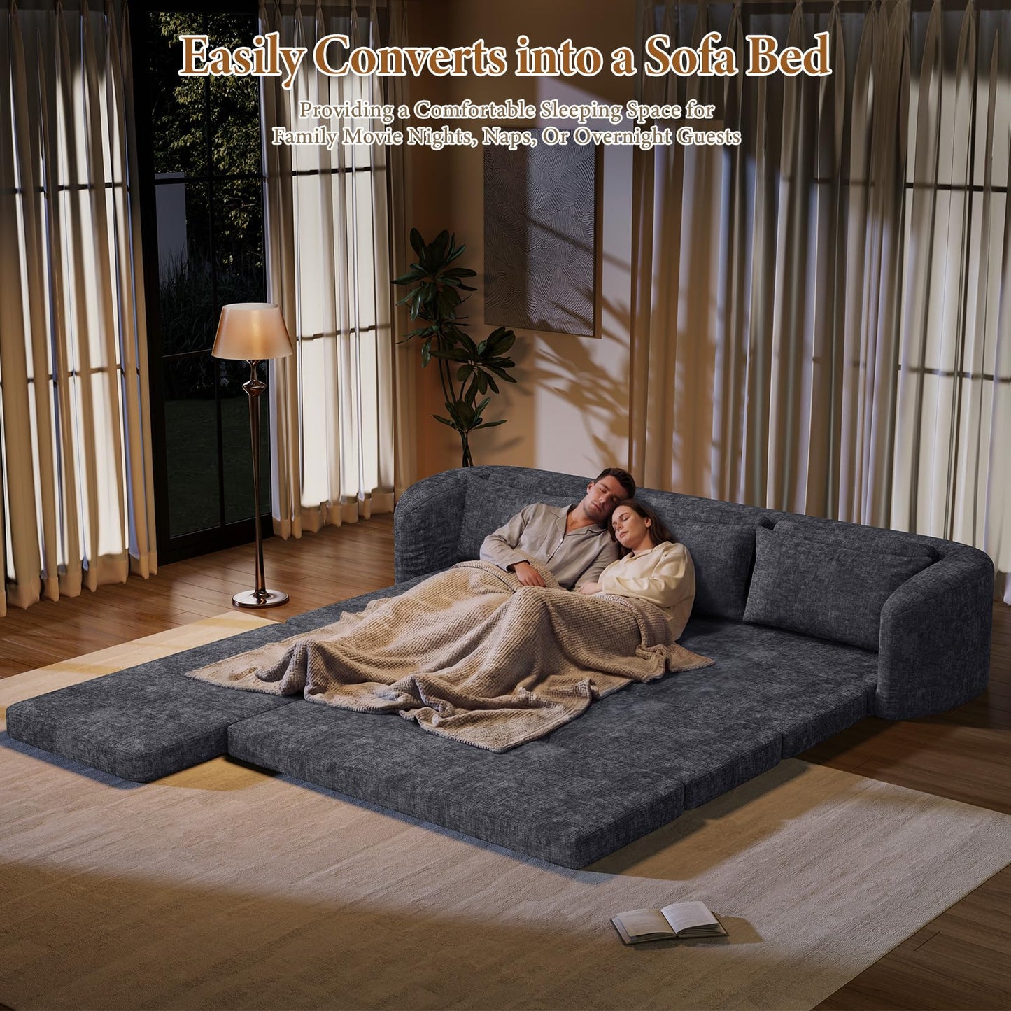 Vesgantti 110.2" Modular Sectional Sofa with Curved Armrest, 6 in 1 Convertible Folding Sleeper Sofa Bed, Chenille Boneless Couch for Living Room, No Assembly Required, Blue, Left Facing Chaise