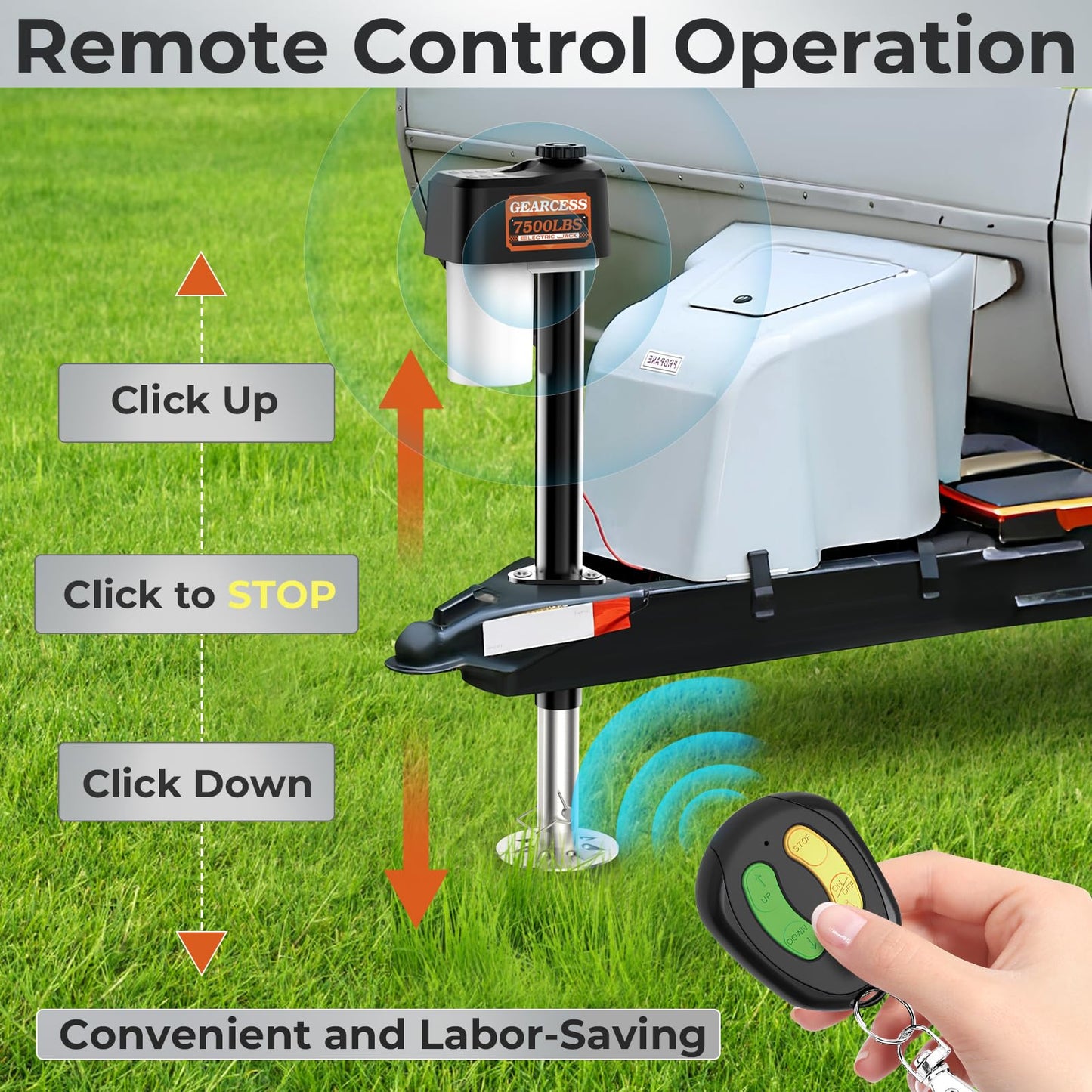 Upgraded 7500LBS Electric Trailer Jack, w/Remote Controls, RV Power A-Frame Tongue Jack with Built-in Spirit Level for Travel Trailer, 10.24"-33.46" IP65 Waterproof, 12V DC Wiring, 5.9 Inch Foot Pad
