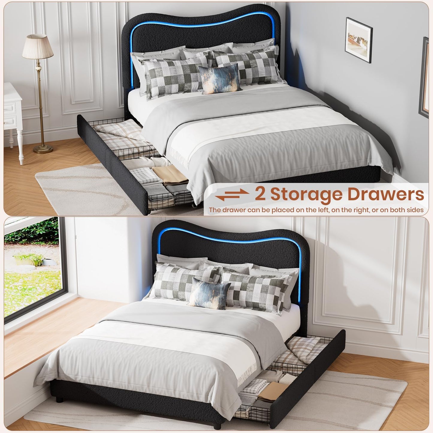 GarveeHome LED Full Size Bed Frame with 2 Drawers and Headboard, Cute Upholstered Bed with Storage, Sturdy Platform Bed, No Box Spring Needed, Wooden Slats, Noise Free, Black
