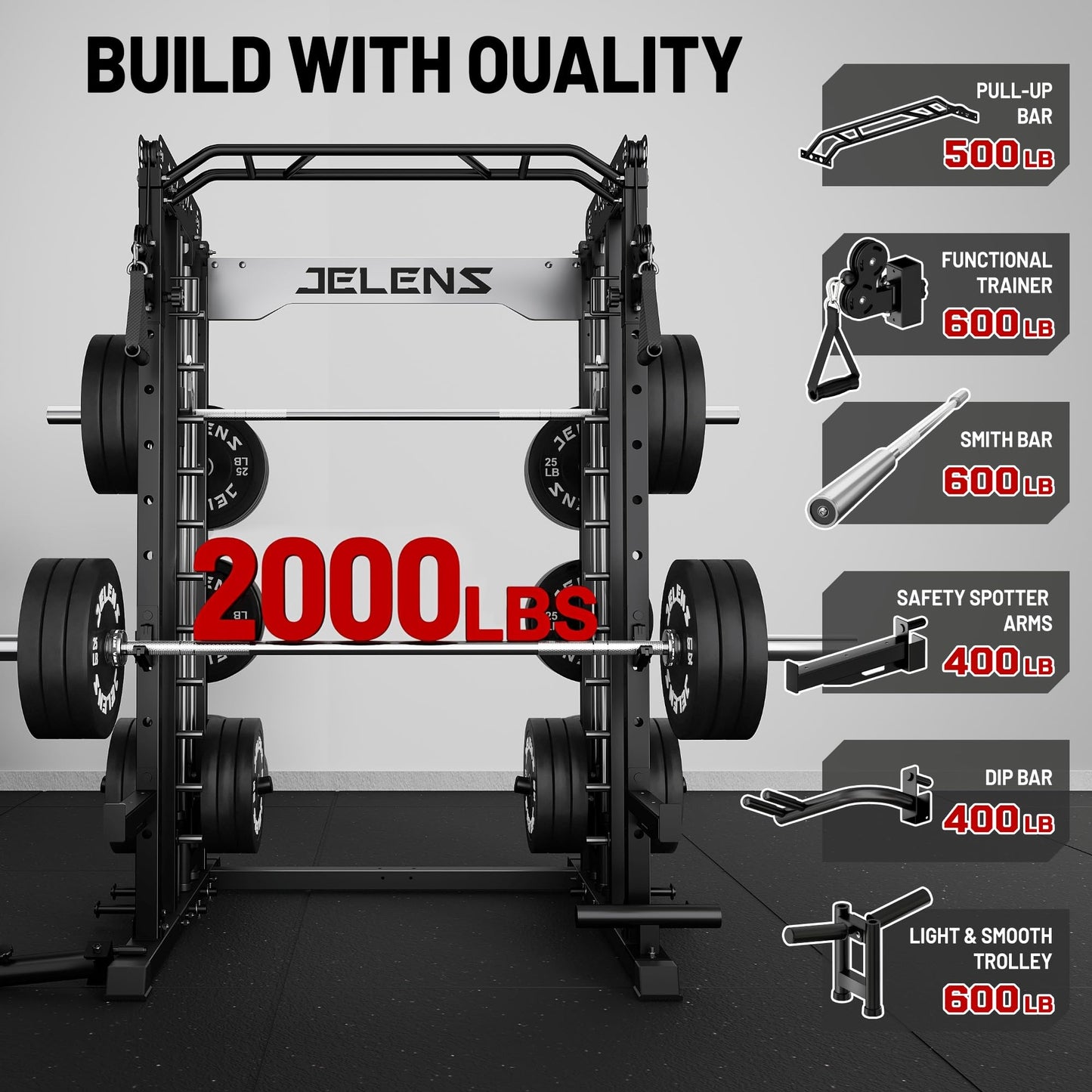 JELENS Smith Machine for Home Gym, Multi-Function M12 Power Cage, Squat Rack with Smith Bar and More Attachment (Black, M12 Smith Machine)