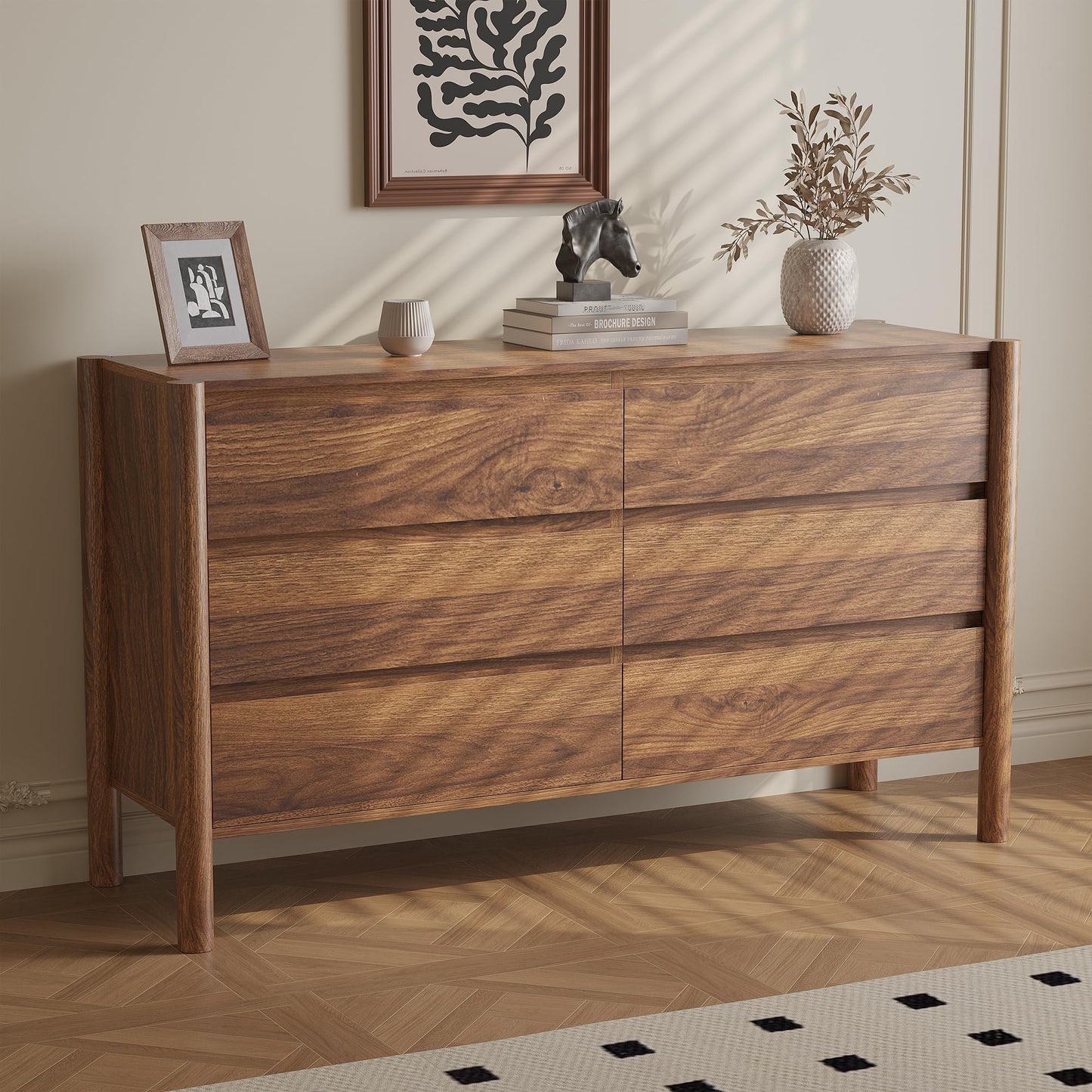 CHUWELL Walnut 6 Drawers Dresser for Bedroom, 47.2" Wide Mid Century Modern Chest of Drawers with 4 Solid Wood Cylindrical Legs and Large Storage Space, Large Dresser for Bedroom