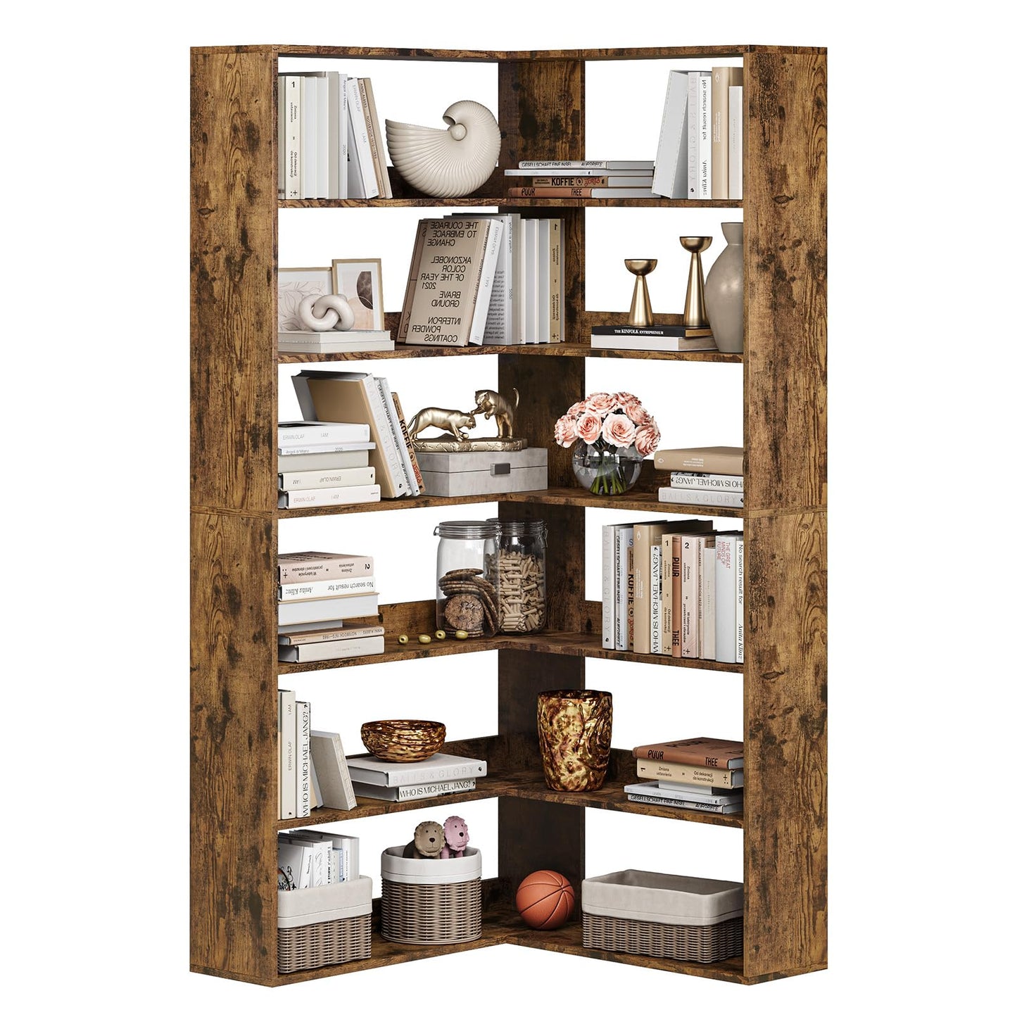 IDEALHOUSE Corner Bookshelf, 6 Tiers Corner Bookcases with Baffles, Corner Shelf L Shaped Bookshelf Storage Display Rack Living Room Bedroom
