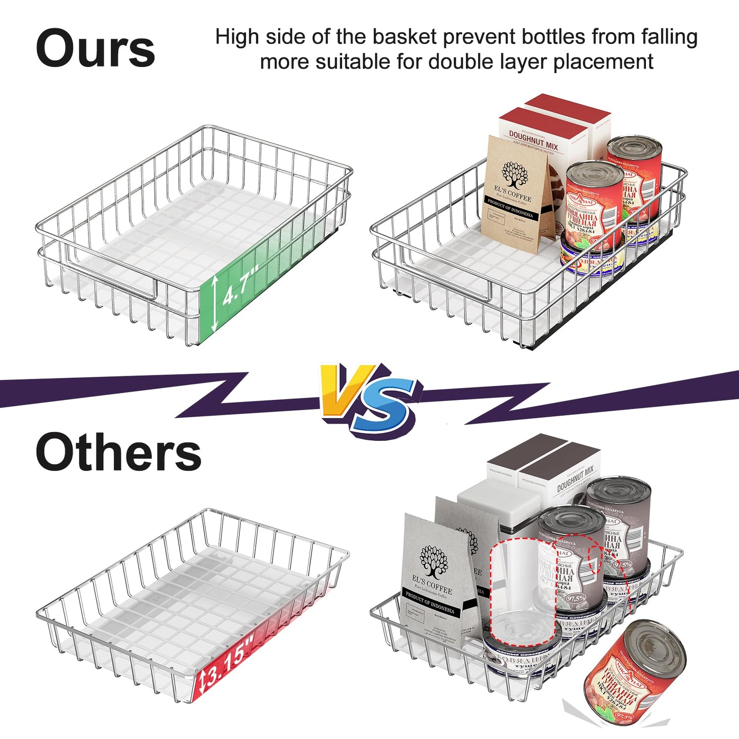Pull out Cabinet Organizer, Stainless Steel 4-Pack Slide out Drawer with Silent Full-Extension Slides, Adhesive Roll out Can Spice Storage Basket Shelf Rack for Pantry, Kitchen, Bathroom, Home Closet