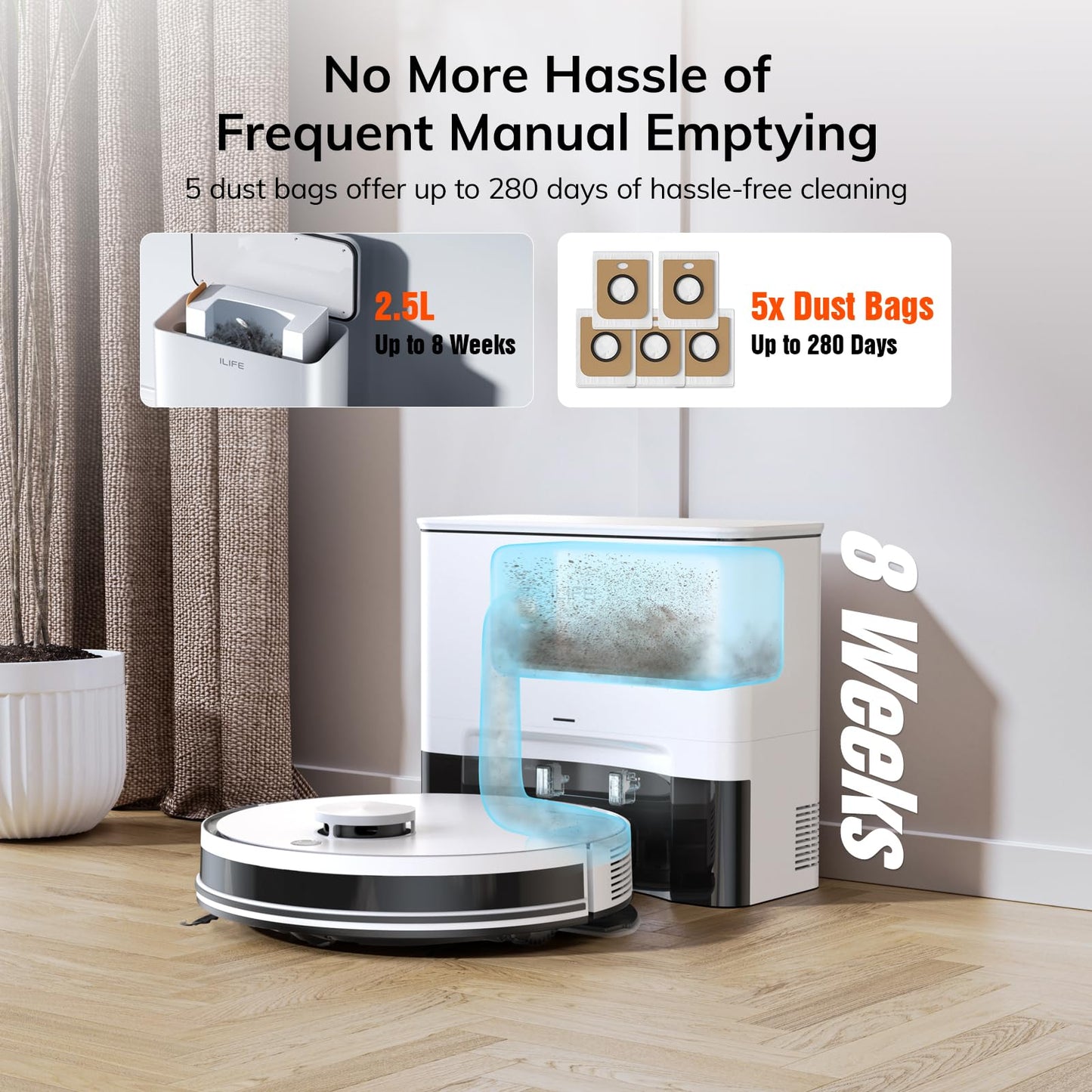 ILIFE A30 Pro Robot Vacuum and Mop, Self Emptying Station for 60 Days, 5000Pa Suction, LiDAR Navigation, No-Go Zones, 2.4G WiFi/App/Alexa/Remote Control, Clean Hard Floors to Medium-Pile Carpet, 110V