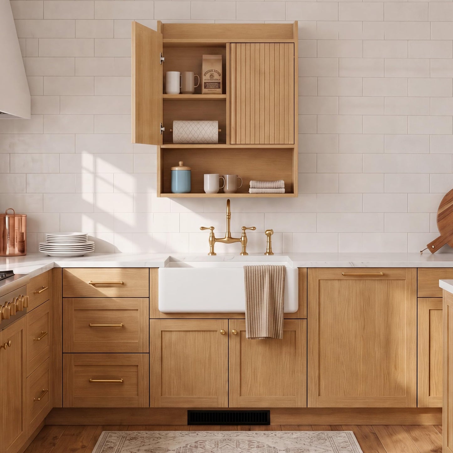 VANIRROR Bathroom Wall Cabinet, 24 x 9.3 x 33 in Wood Finish Wall Mounted Medicine Storage Organizer with Fluted Doors, Raised-Edge Top, Over Toilet Cabinet for Laundry Kitchen