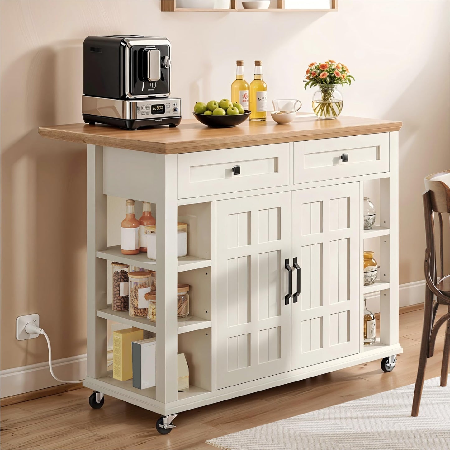 YITAHOME Kitchen Island with Drop Leaf, Mobile Storage Island with Power Outlet, Americana Rolling Kitchen Carts with Storage Shelves and Drawers, Island Table on Wheels for Dining Room, Beige