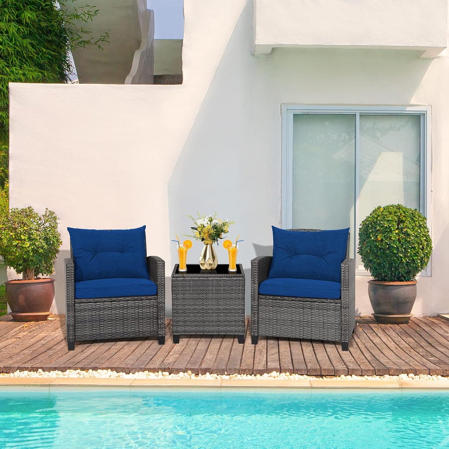 LDAILY Patio Furniture Set, 3 Pieces PE Rattan Wicker Patio Sofa Chairs with Washable Cushion & Glass Table, Outdoor Furniture Conversation Sets for Porch, Balcony, Garden, Poolside (Navy)
