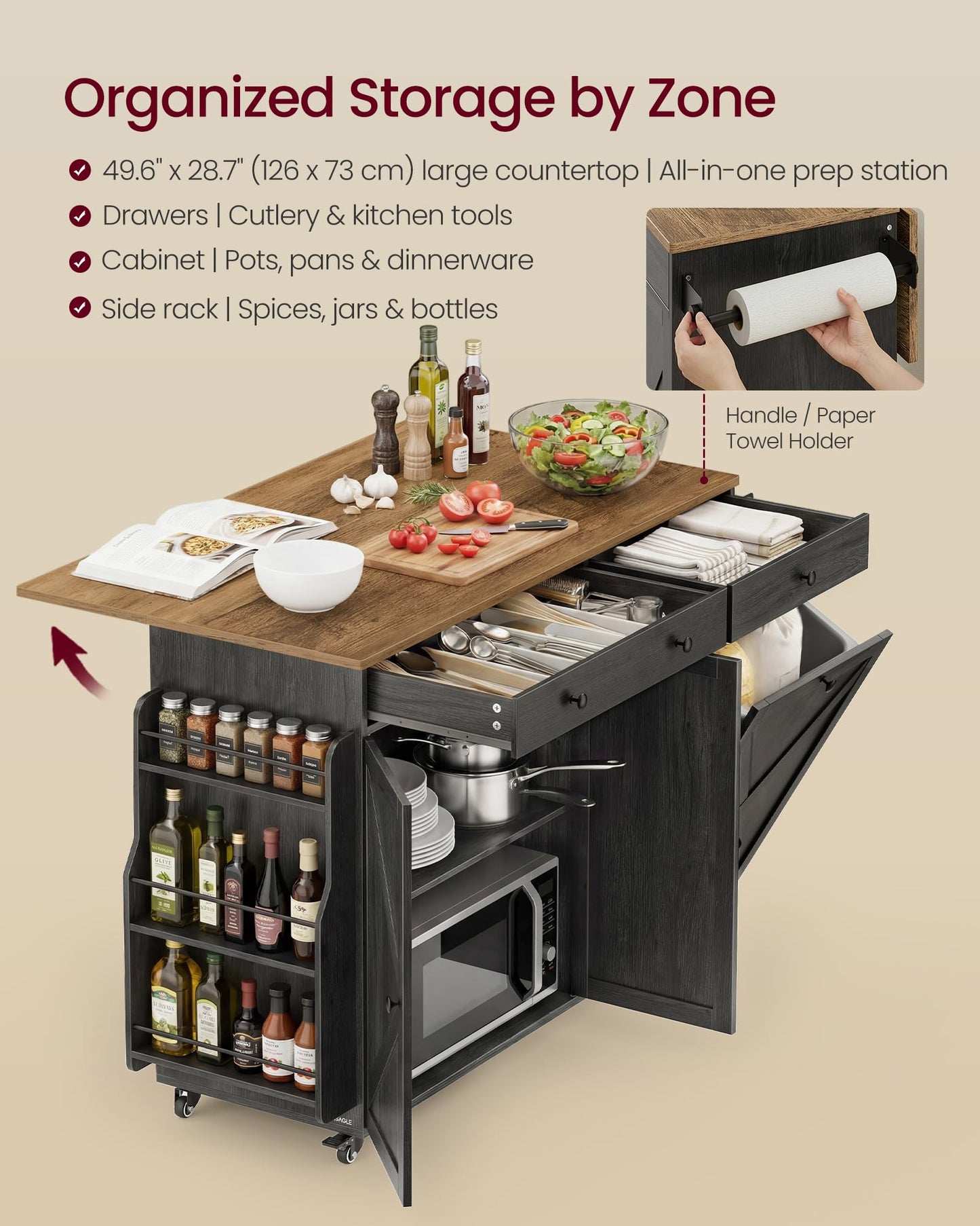 VASAGLE Mobile Kitchen Island with Trash Can Storage, Drop Leaf, Portable Island with Spice Rack, Mobile Cart with Storage Cabinet, for Dining Room, Ink Black and Honey Brown UKKI014BJ01S