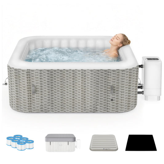 BTMWAY Inflatable Hot Tub, 4-6 Person, 73" Square Portable Outdoor Spa with External Pump, Insulated Cover and 6 Replaceable Filters,130 Soothing Bubble Jets, 110-120V