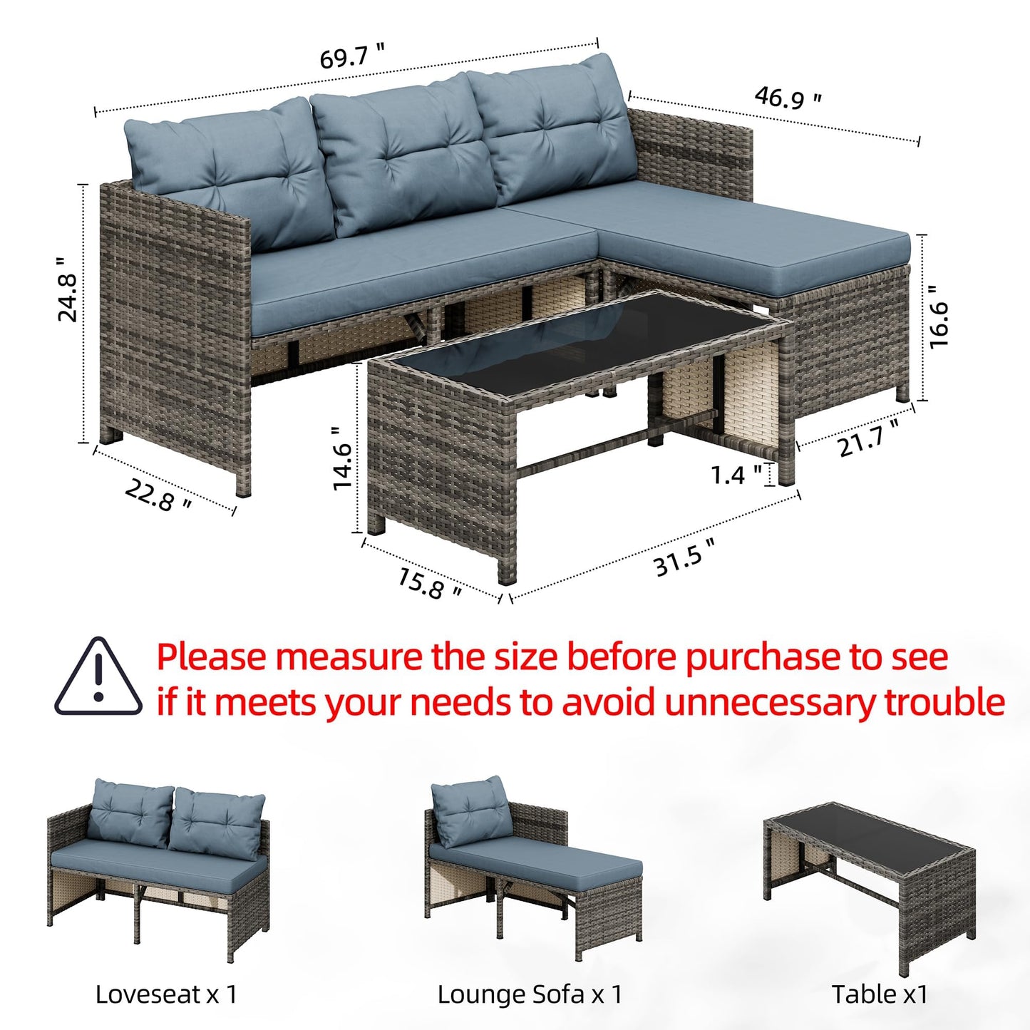 Shintenchi 3 Pieces Outdoor Patio Furniture Sets, Wicker Patio Conversation Sets, All Weather Wicker Rattan Patio Seating Sofas with Glass Coffee Table and Cushion, Blue-Gray