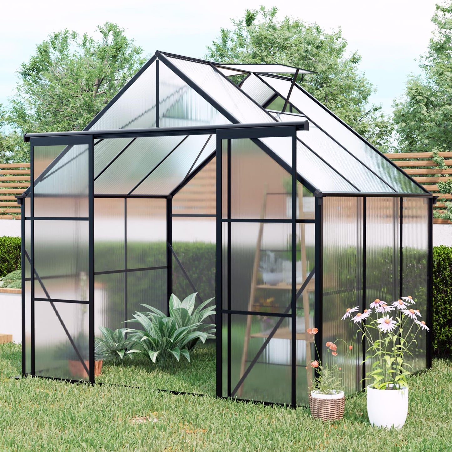 KEIKI 8x6 FT Double Door Upgrade Polycarbonate Greenhouse with Aluminum Frame,Raised Base and Roof Vent,Walk-in Greenhouses for Patio Garden