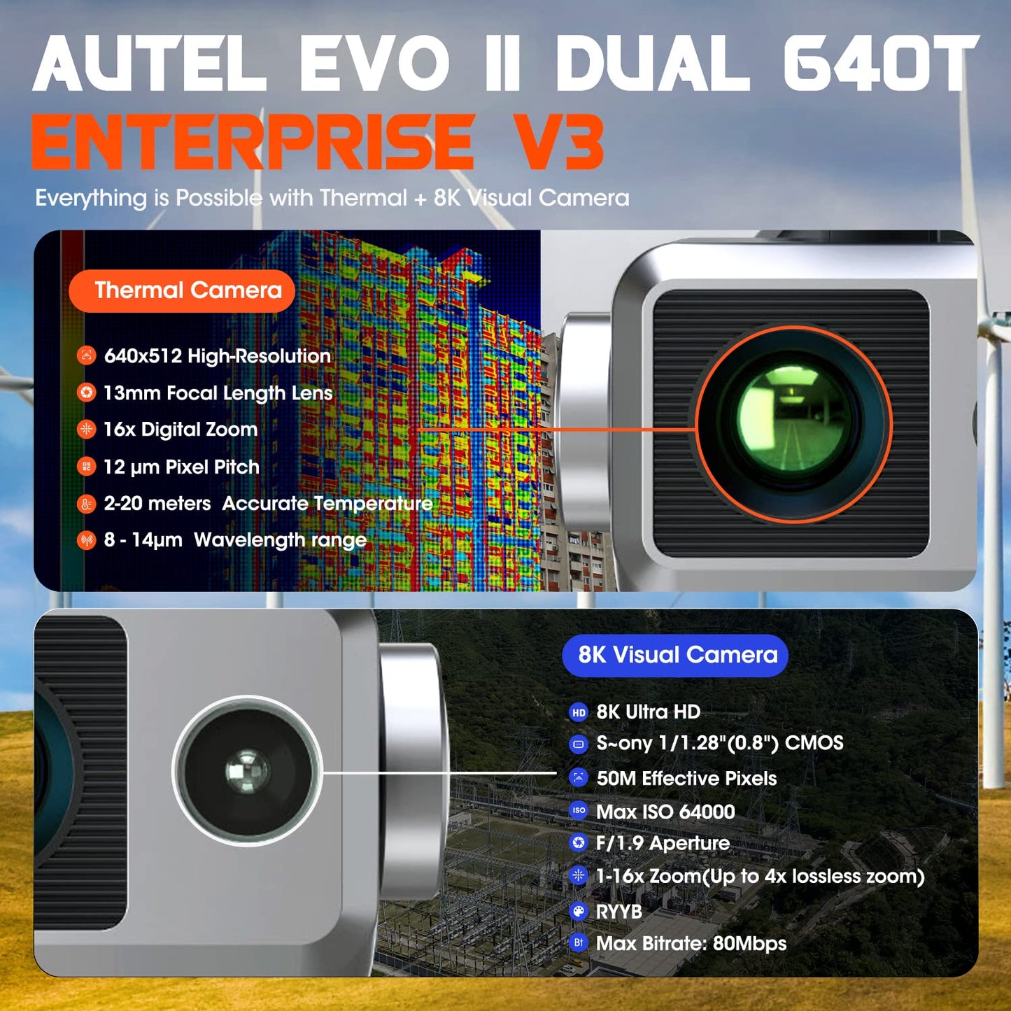 Autel Robotics EVO II Dual 640T Enterprise V3, 640*512 30Hz T~hermal&8" RYYB CMOS Sensor,10 Color Schemes, 4X lossless Zoom, 42 Min,15KM Transmission, Support Remote ID,w/Strobe/Spotlight/ Loudspeaker