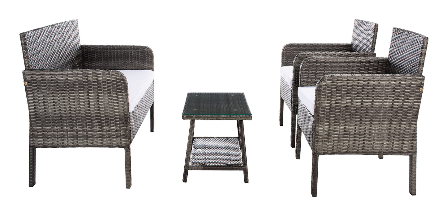 SAFAVIEH Outdoor Collection Aboka Grey Brown/White Cushion 4-Piece Conversation Patio Set PAT7505C