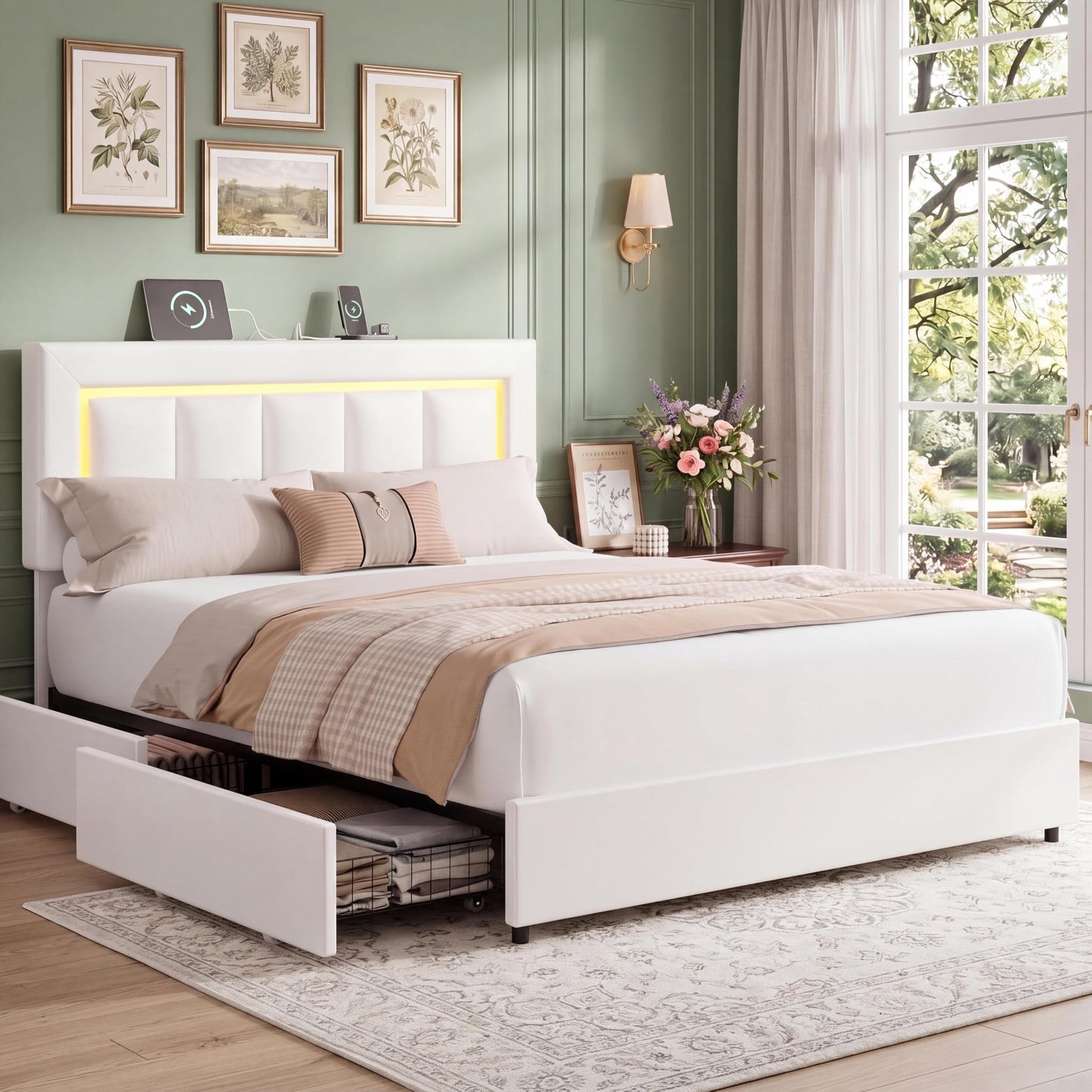 Garvee Queen Size Storage Bed Frame with 4 Drawers, LED Lights, Charging Station, Adjustable Headboard, PU Leather Upholstered Platform Bed, Wooden Slats Support, No Box Spring Needed, White