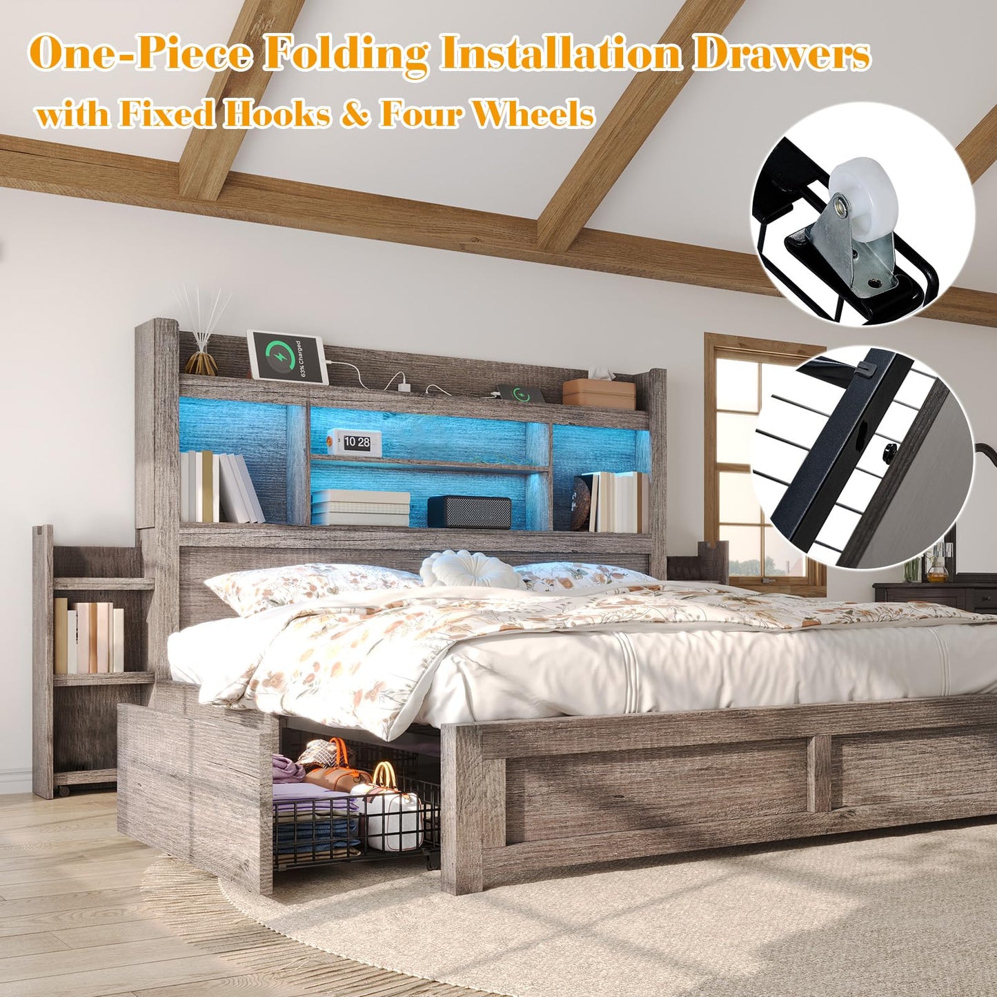 LUXOAK King Bed Frame with 49.6" Bookcase Headboard & 2 Bedside Stoage Racks & 4 Drawers, Farmhouse Wood Bed Frame with RGB LED & Charging Station, No Box Spring Needed, Grey