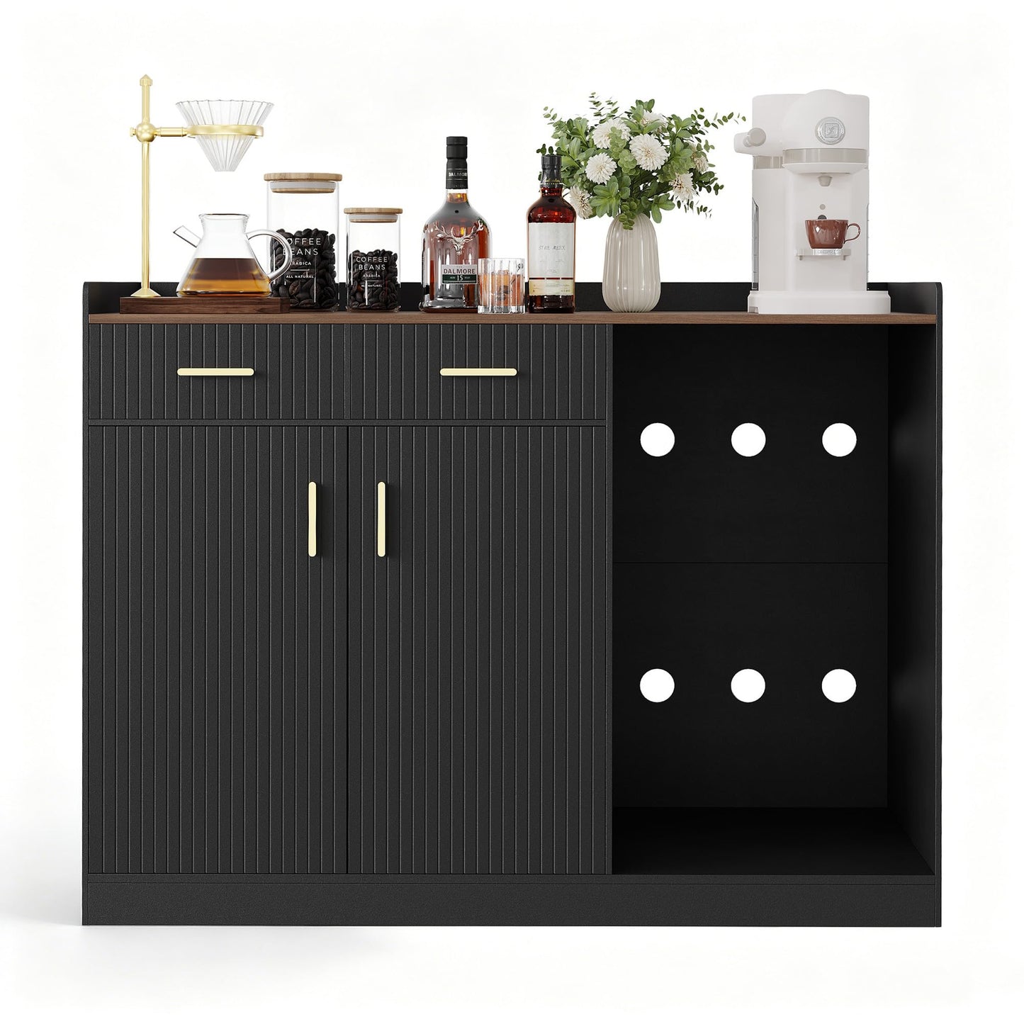 Garvee Coffee Bar Cabinet with Fridge Space, Fluted Wine Cabinet with Charging Station, Mini Fridge Cabinet with Drawers and Adjustable Shelf, Home Bar for Dining Room, Kitchen, Living Room, Black