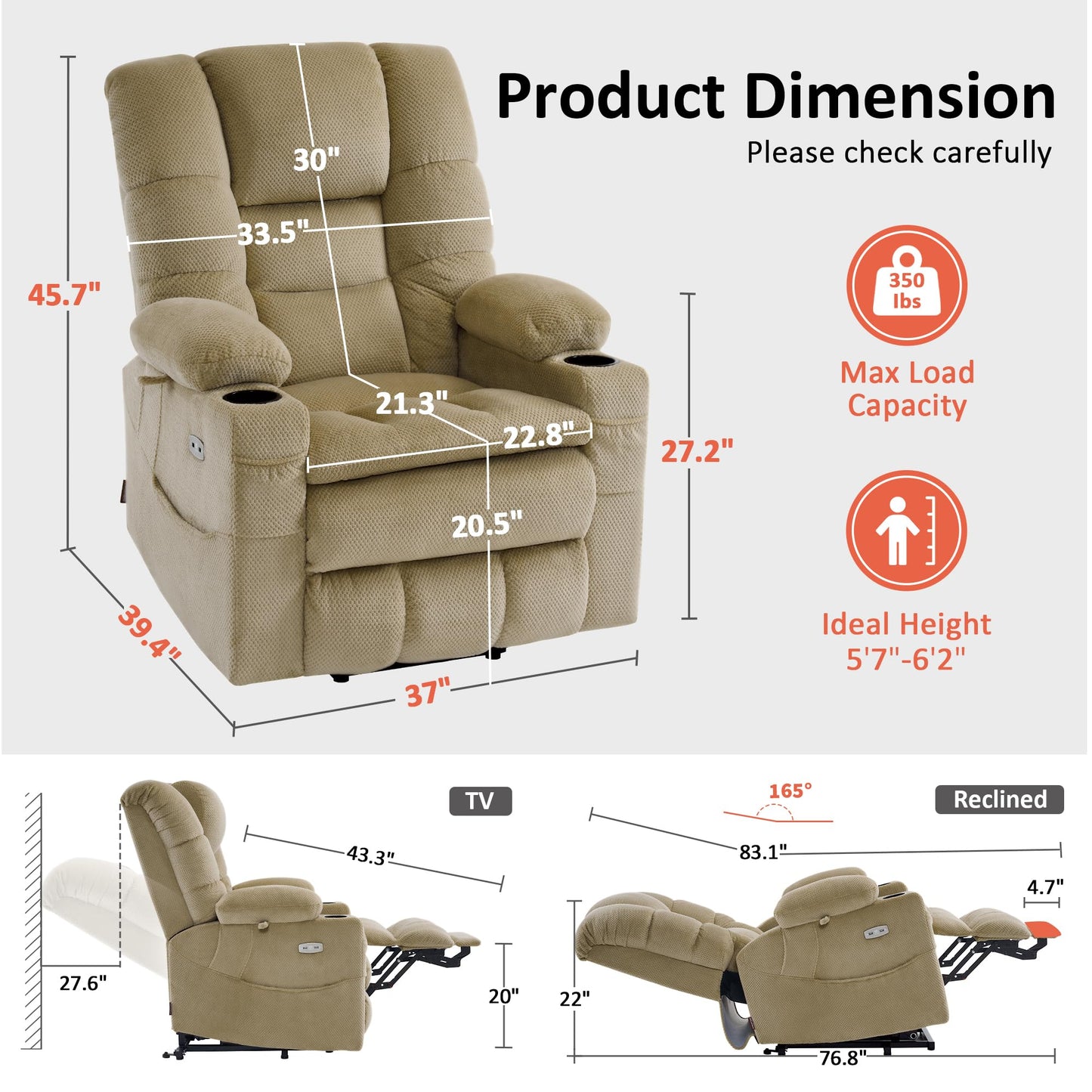 MCombo Triple Motor Lay Flat Power Lift Recliner Chair for Tall Elderly, Infinite Position, Massage, Dual Heating, Adjustable Headrest, Fabric 7634 (Beige, Large)
