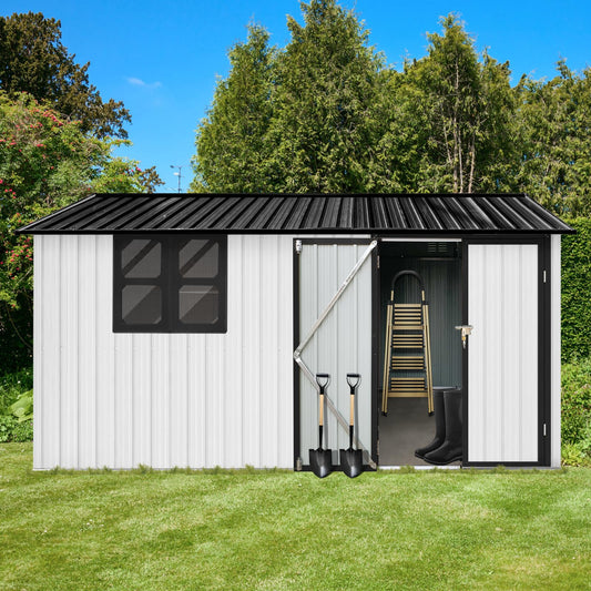 YOPTO 12x10 FT Outdoor Storage Shed,Metal Shed W/Goods Shelves & Window,Garden Tool House W/ 2 Vents & Lamp Hanging Hole & Apex Roof and Lockable Doors,for Backyard Patio Lawn,White+Black