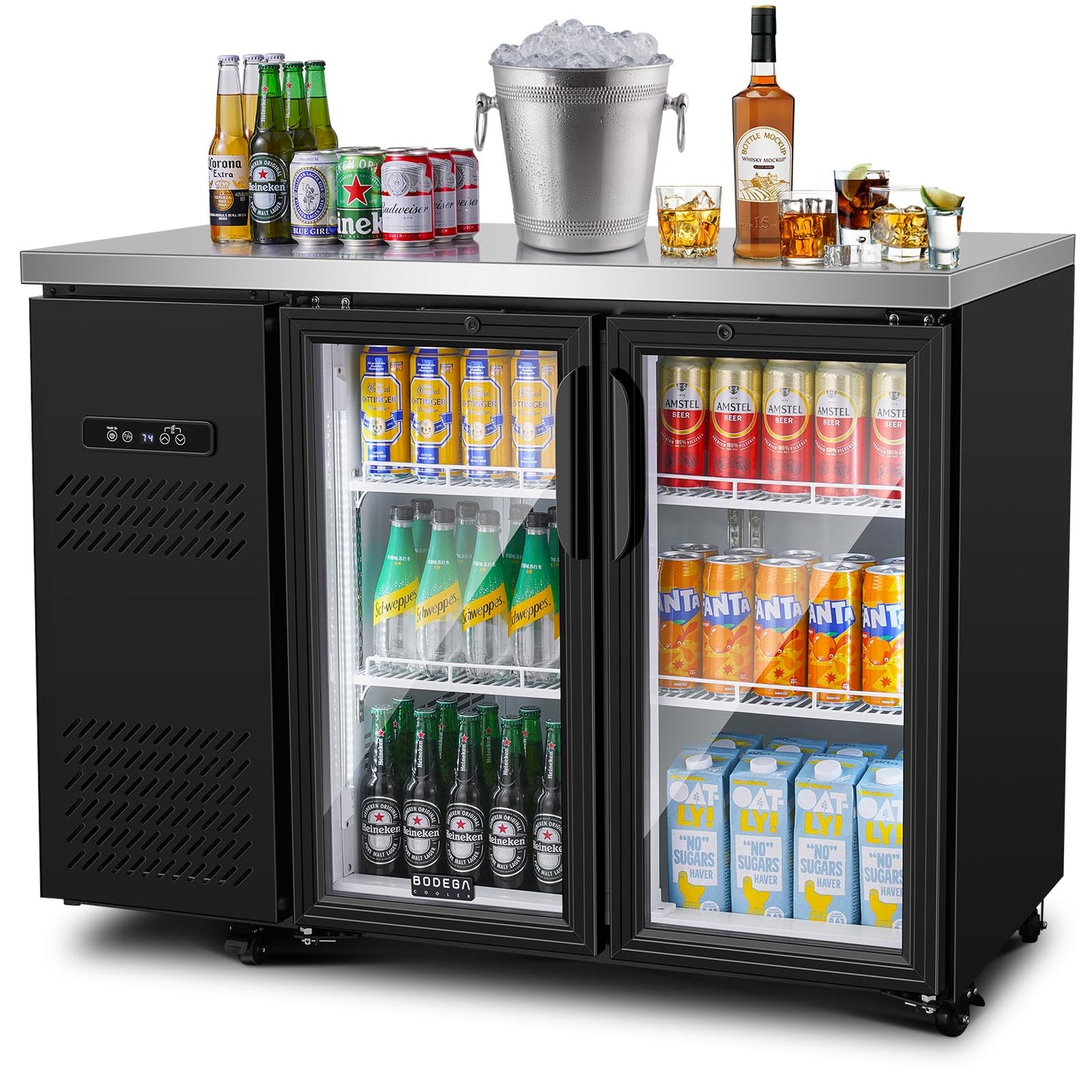 BODEGACOOLER Commercial Back Bar Cooler with 2 Glass Doors,12 Cu.Ft Stainless Steel Commercial Counter Height Bar Refrigerator,Display Drink Beverage Beer Fridge LED Lighting,SUS304 Top,4 Casters