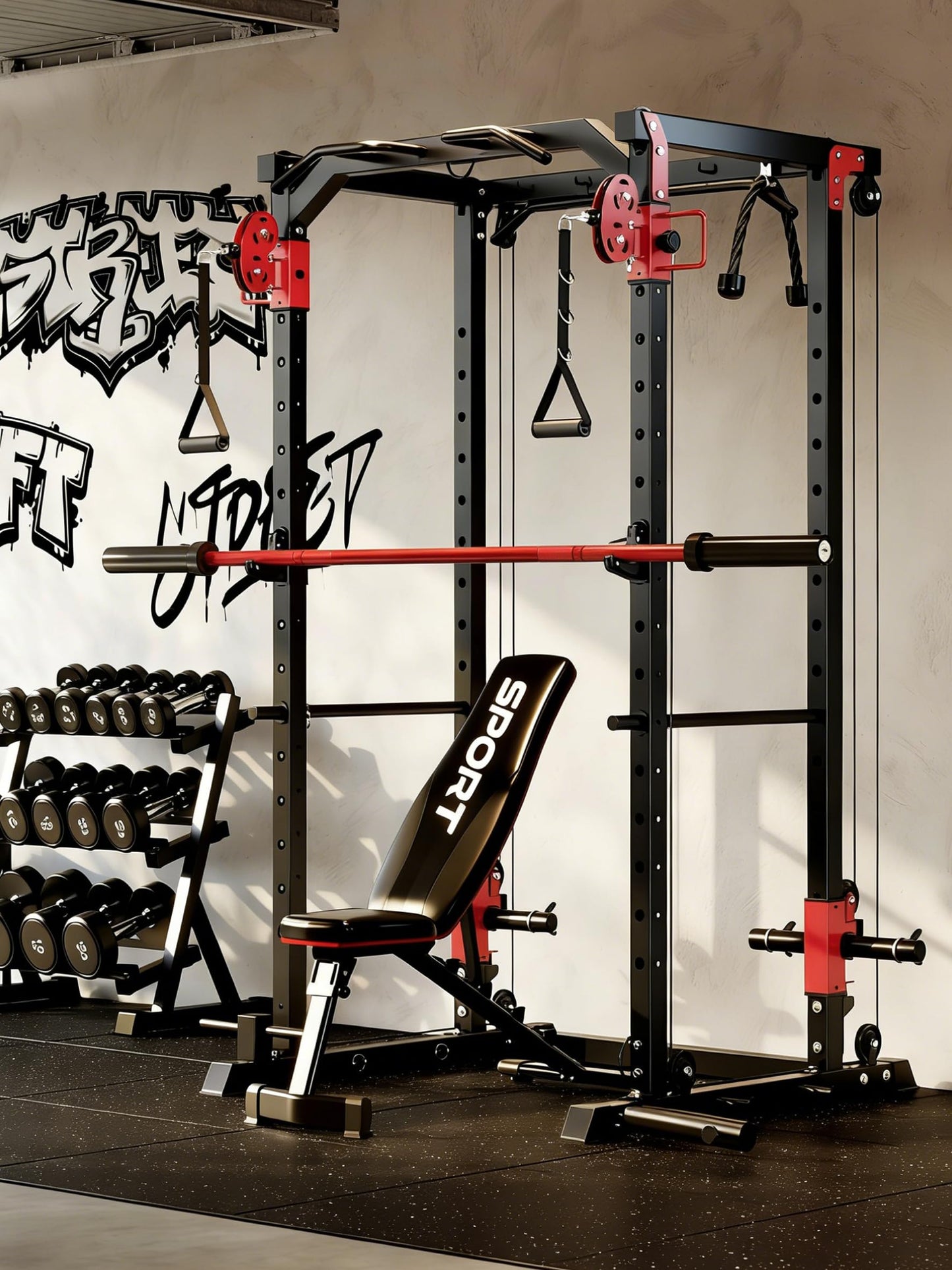 GarveeLife Power Cage with Dual Pulley System, 1600LB Multi-Function Squat Rack with Cable Crossover & LAT Pull Down, All-in-One Home Gym Strength Training Cage for Full Body Workout, Red Black