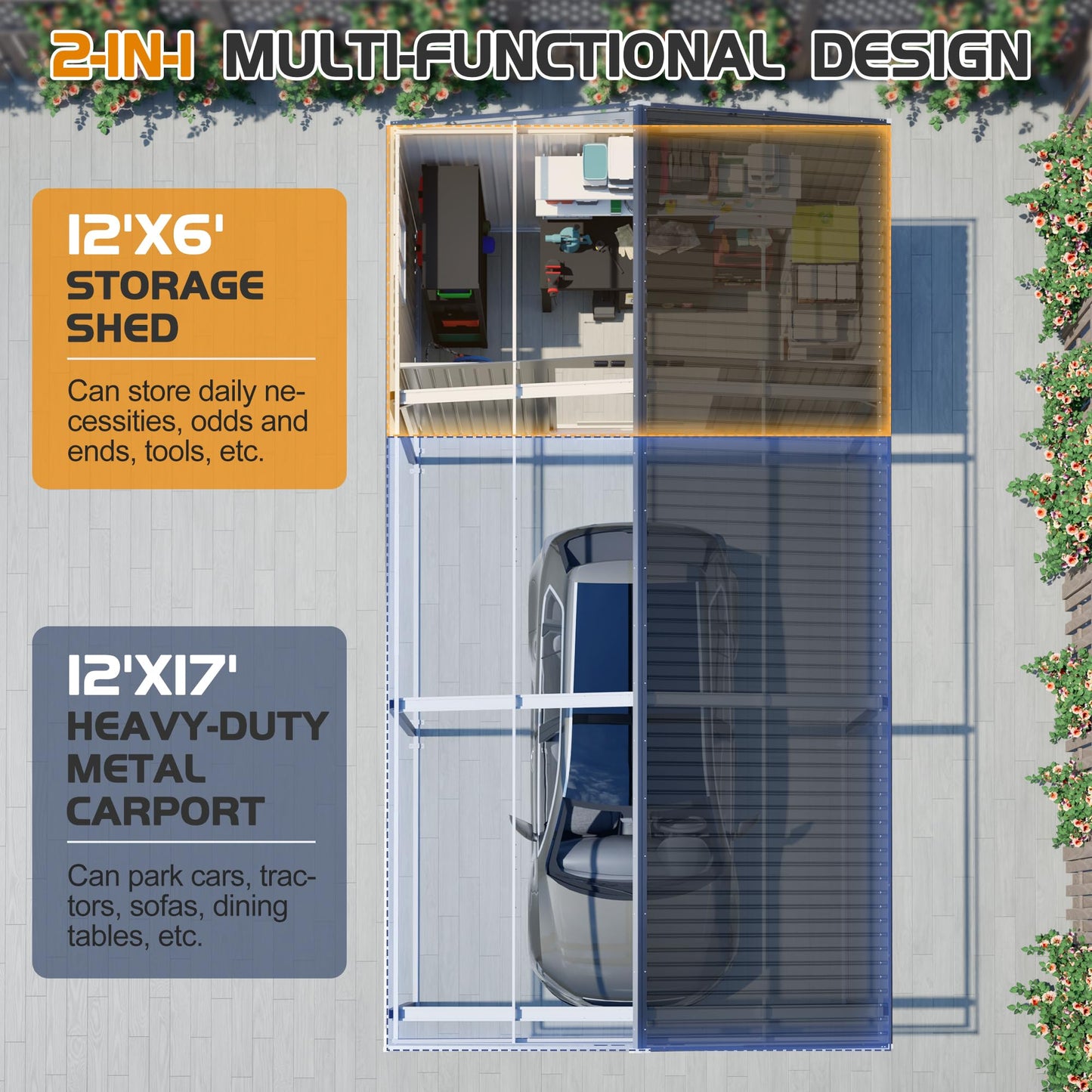 ZMAD 12'x23' Metal Carport Storage Shed 2-in-1, Heavy Duty Steel Garage with Sliding Door, UV Panel & Waterproof Sloped Roof, Reinforced Structure for Car Boat Tractor Farm(Style B)