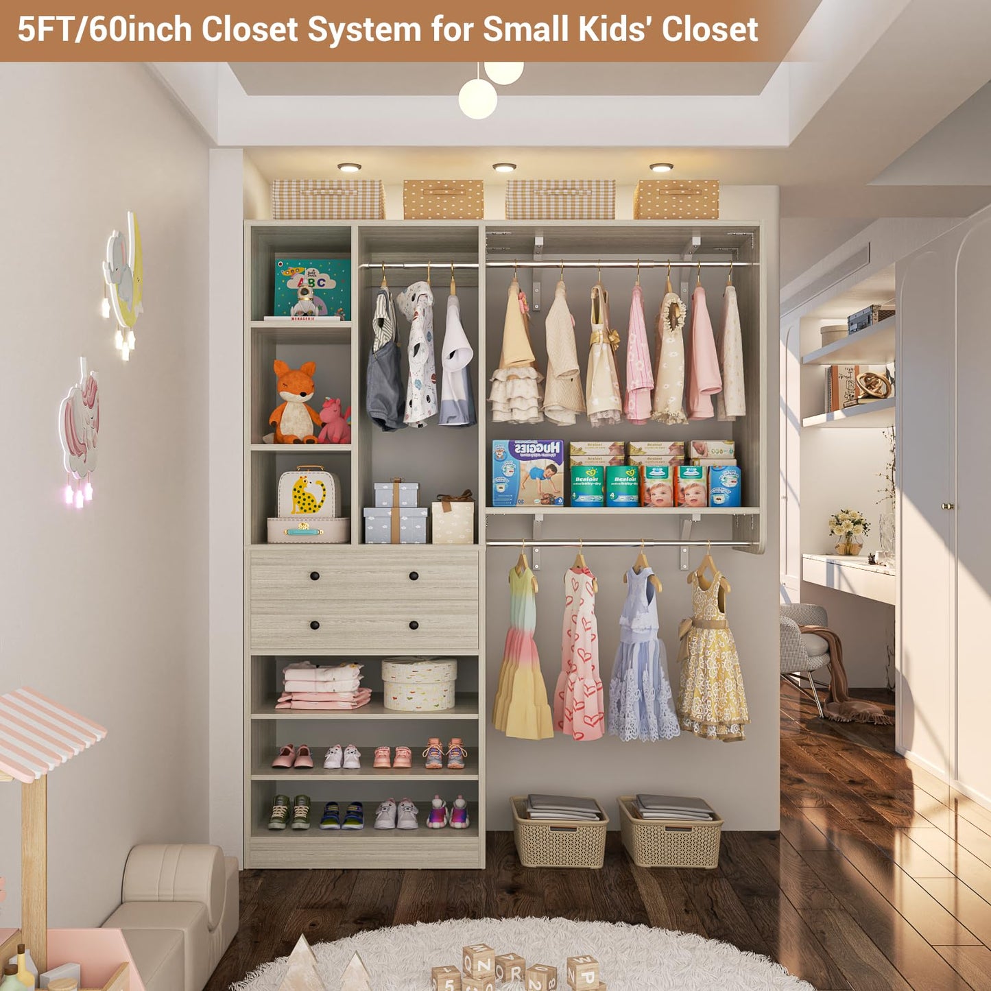 Besiost Closet System - 60"/92" Closet System with Drawers, 5FT/7.67FT Closet Organizer System with Reversible Hanging Shelving and Hanging Rods, for Small/Walk-in Closets, Greige Oak