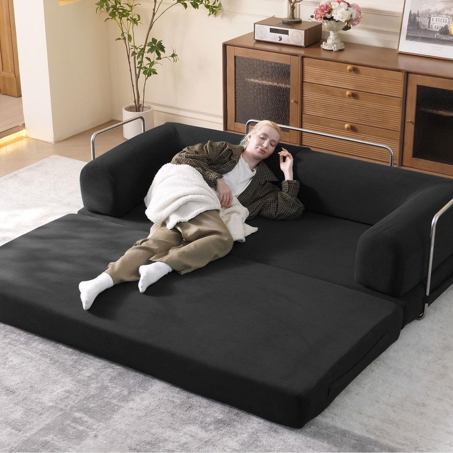 WHGBJA 79" Convertible Sleeper Sofa Bed with Cylindrical Pillow, Corduroy Folding Mattress Couch with Fixed-Shape Frame, Floor Sofa Lounge Couch for Living Room Bedroom Lounge Studio (Black)