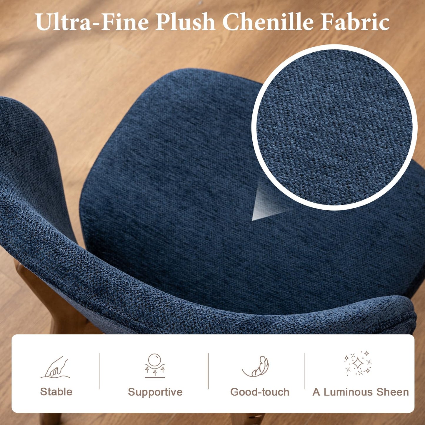 YOUNUOKE Upholstered Dining Chair, Modern Chenille Fabric Dining Room Chair with Wood Legs, Widen Backrest Comfy Side Kitchen Chairs, Blue (Single Pack)