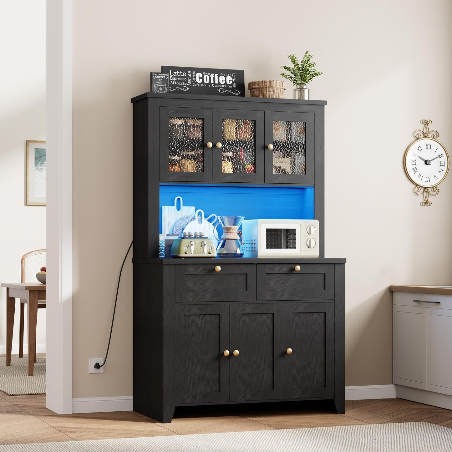 GAOMON 66" Tall Kitchen Pantry Cabinet, Modern Kitchen Hutch with Charging Station, Large Coffee Bar Storage Cabinet with Glass Doors and Drawers, Black