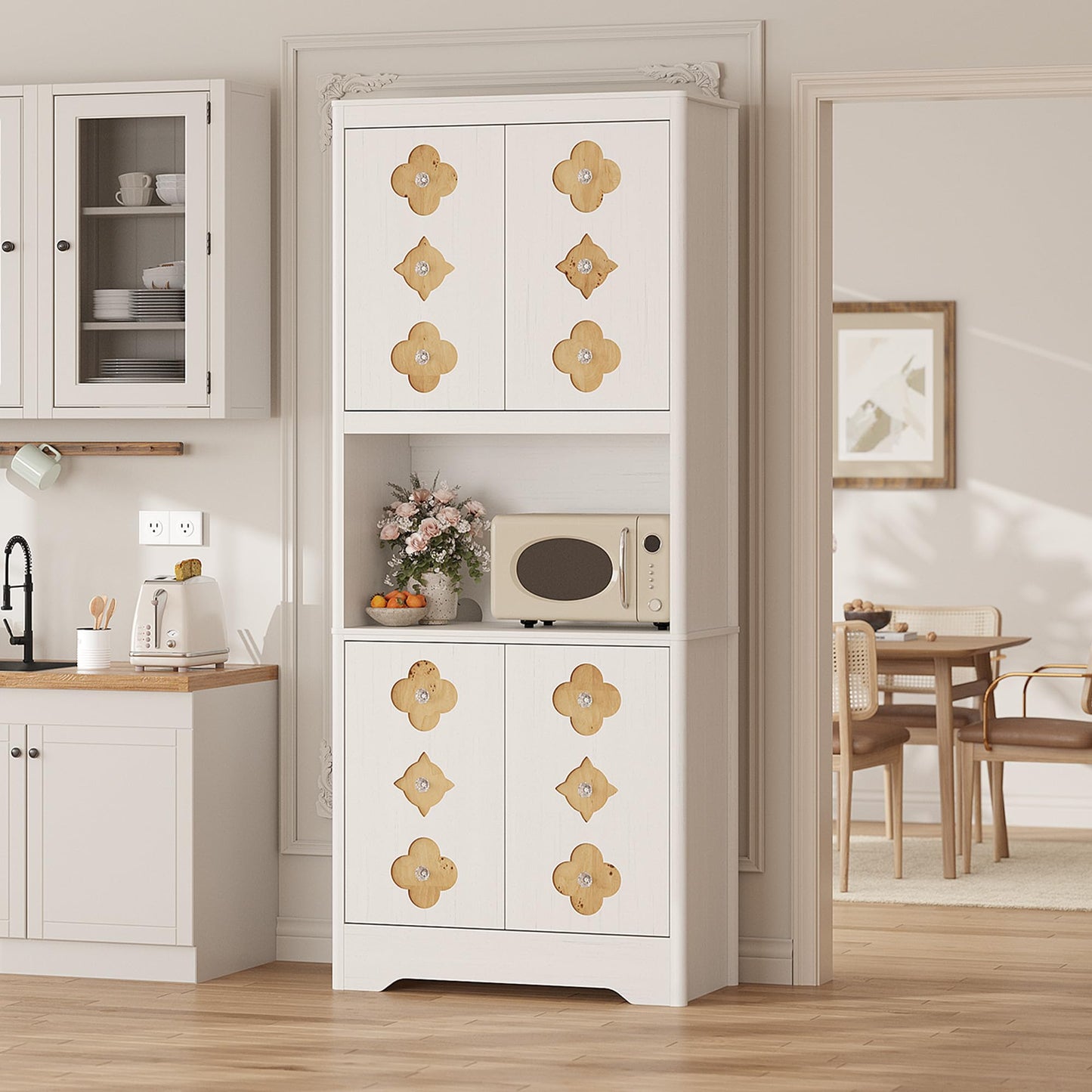 GarveeHome 72" Tall Kitchen Pantry Storage Cabinet, 4 Door with Carved Design and Shelf for Microwave, Freestanding Wooden Cupboard with Crystal Handle, for Dining Living Room, Antique White