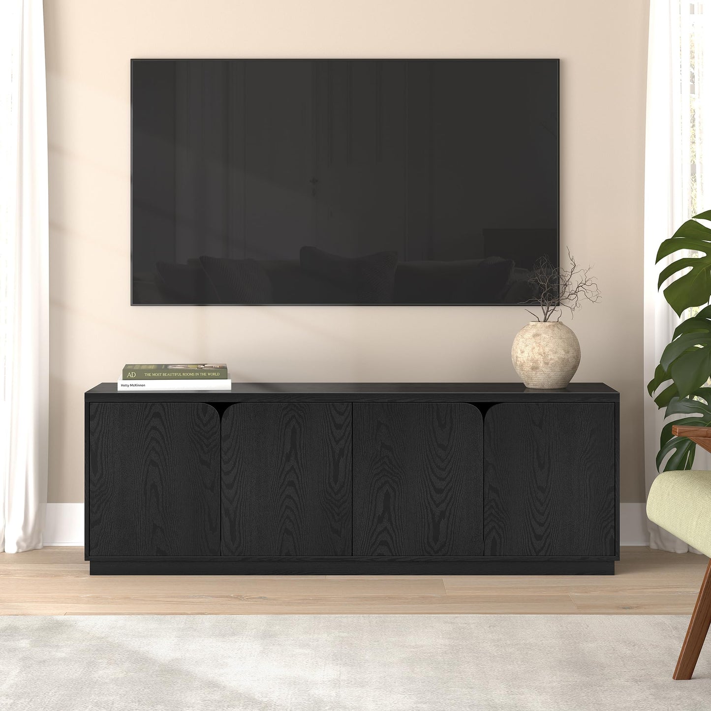 Henn&Hart TV Stand for TVs up to 78" with Concealed Storage Cabinets and Adjustable Shelves for Living Room, Family Room, or Office, Natural Black