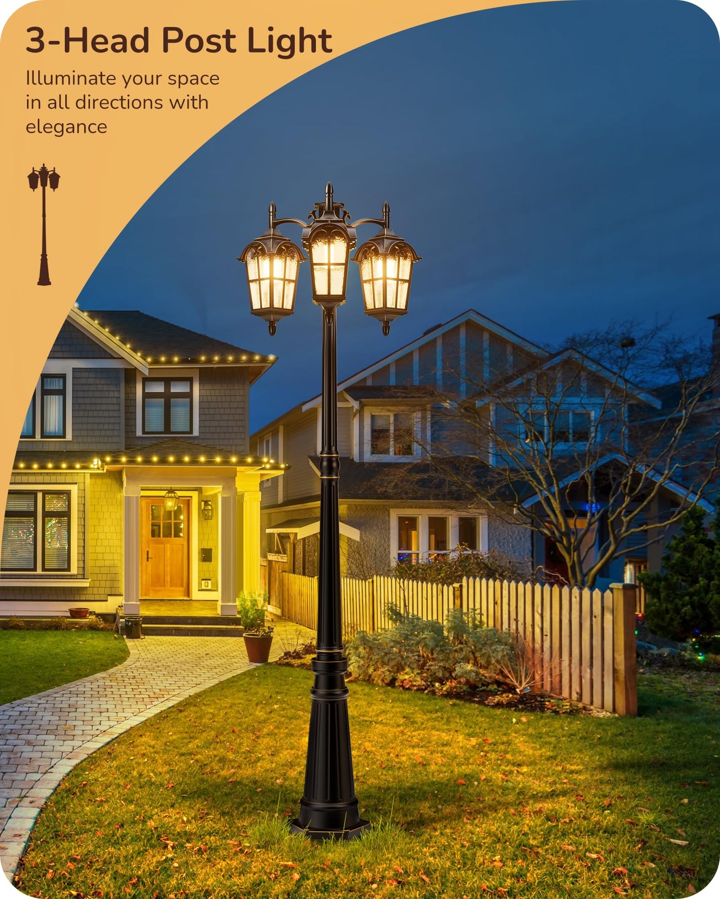 EDISHINE 3-Head Outdoor Lamp Post Light, Aluminum, Extra Large, Black and Gold, Model HOPL05A