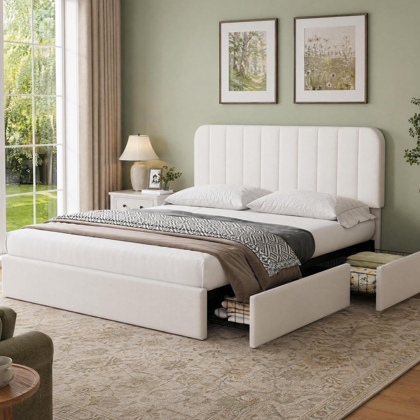 GarveeHome Queen Size Bed Frame, Velvet Upholstered Storage Bed with 4 Drawers, Adjustable Headboard, Modern Bedroom Furniture, Beige