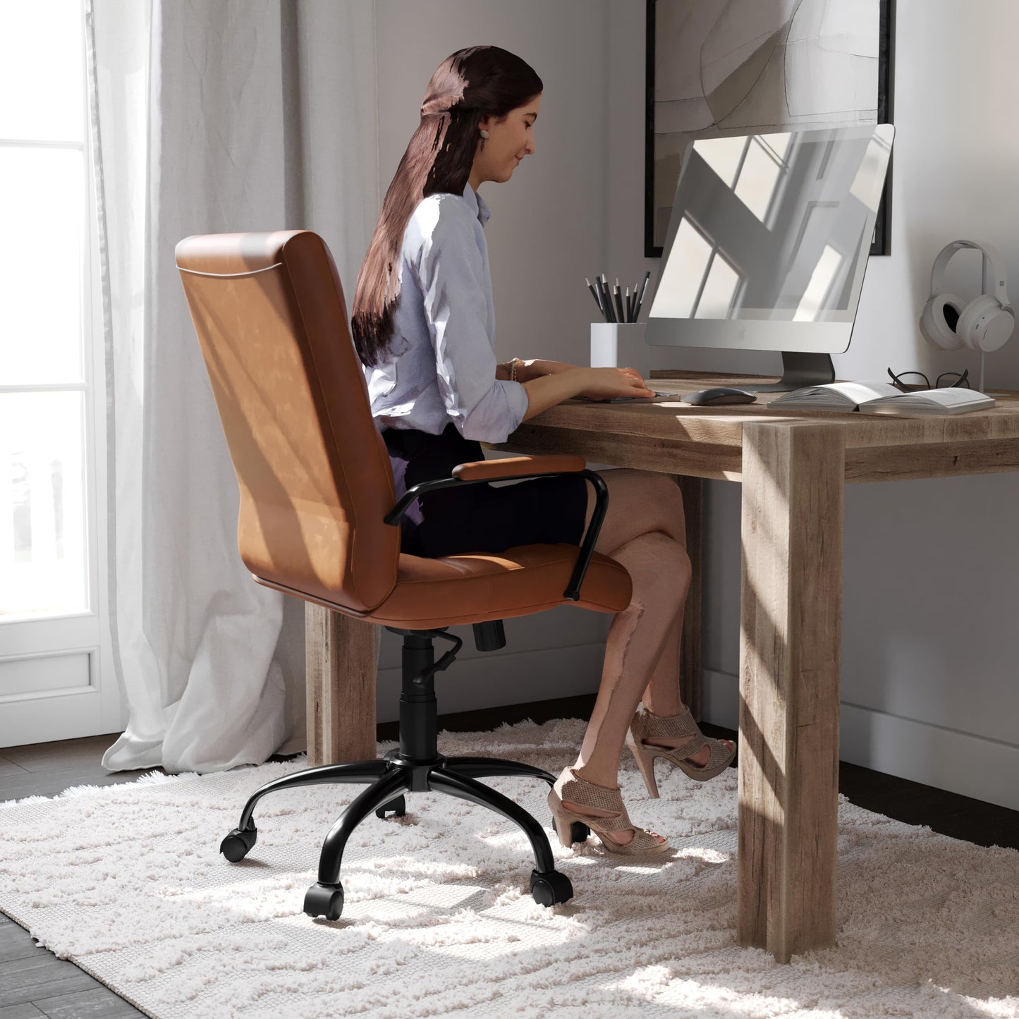 Flash Furniture Whitney Mid-Back Desk Chair - Brown LeatherSoft Executive Swivel Office Chair with Black Frame - Swivel Arm Chair